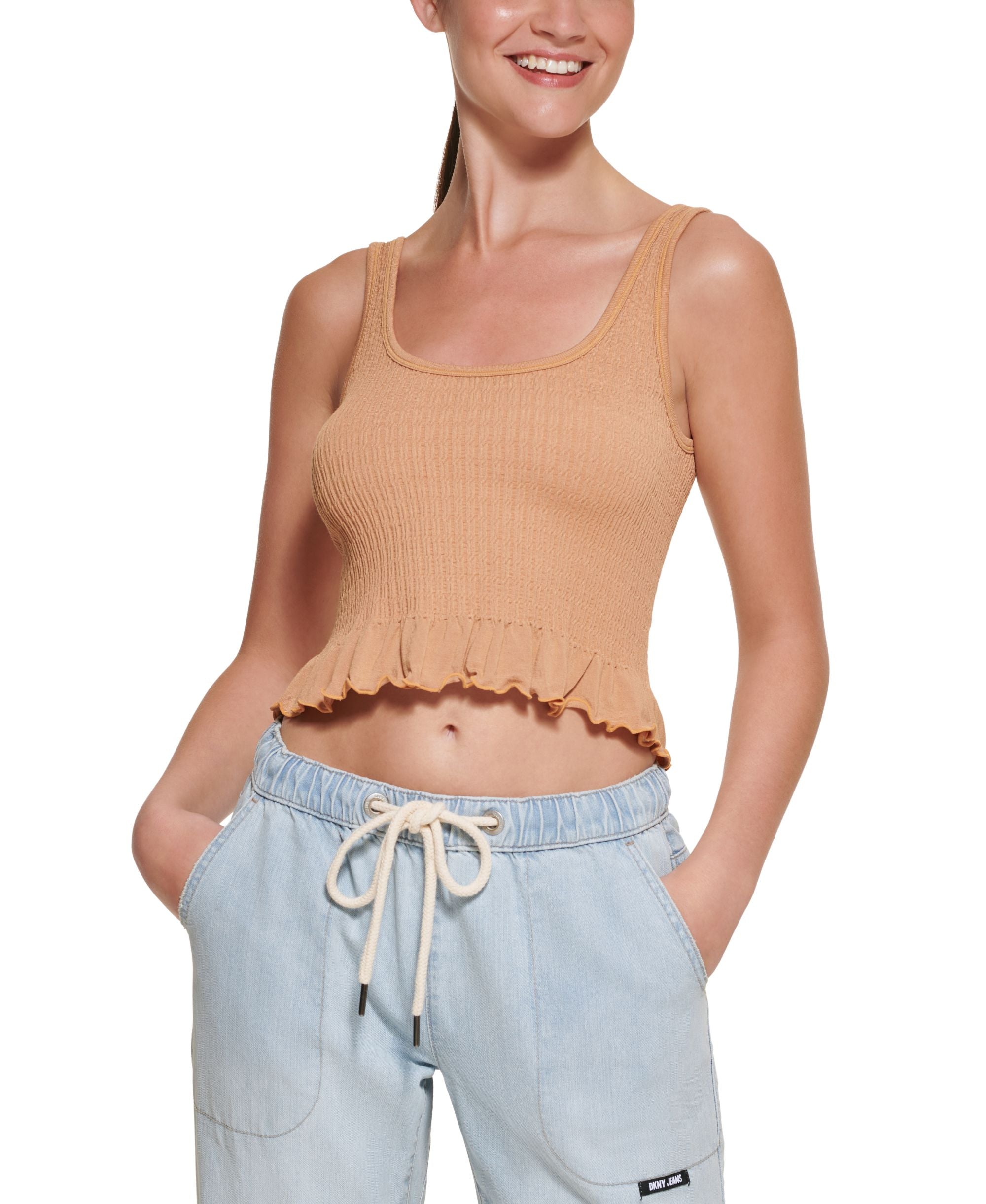 DKNY Jeans Womens Cropped Ruffled Hem Tank Top