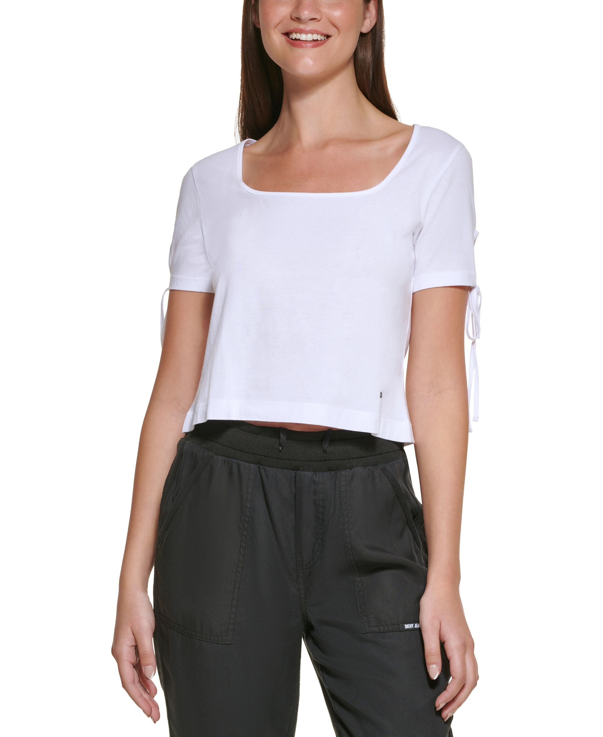 DKNY Jeans Womens Cropped Tied Sleeve T-Shirt