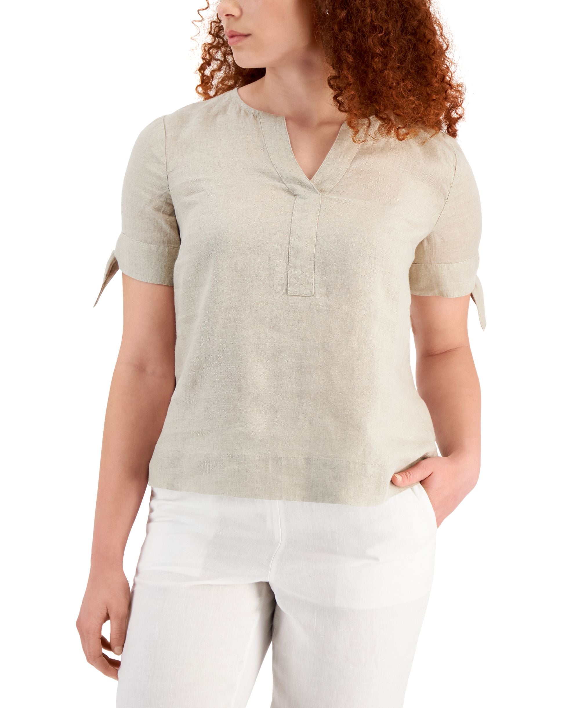 Petite Linen Split-Neck Top