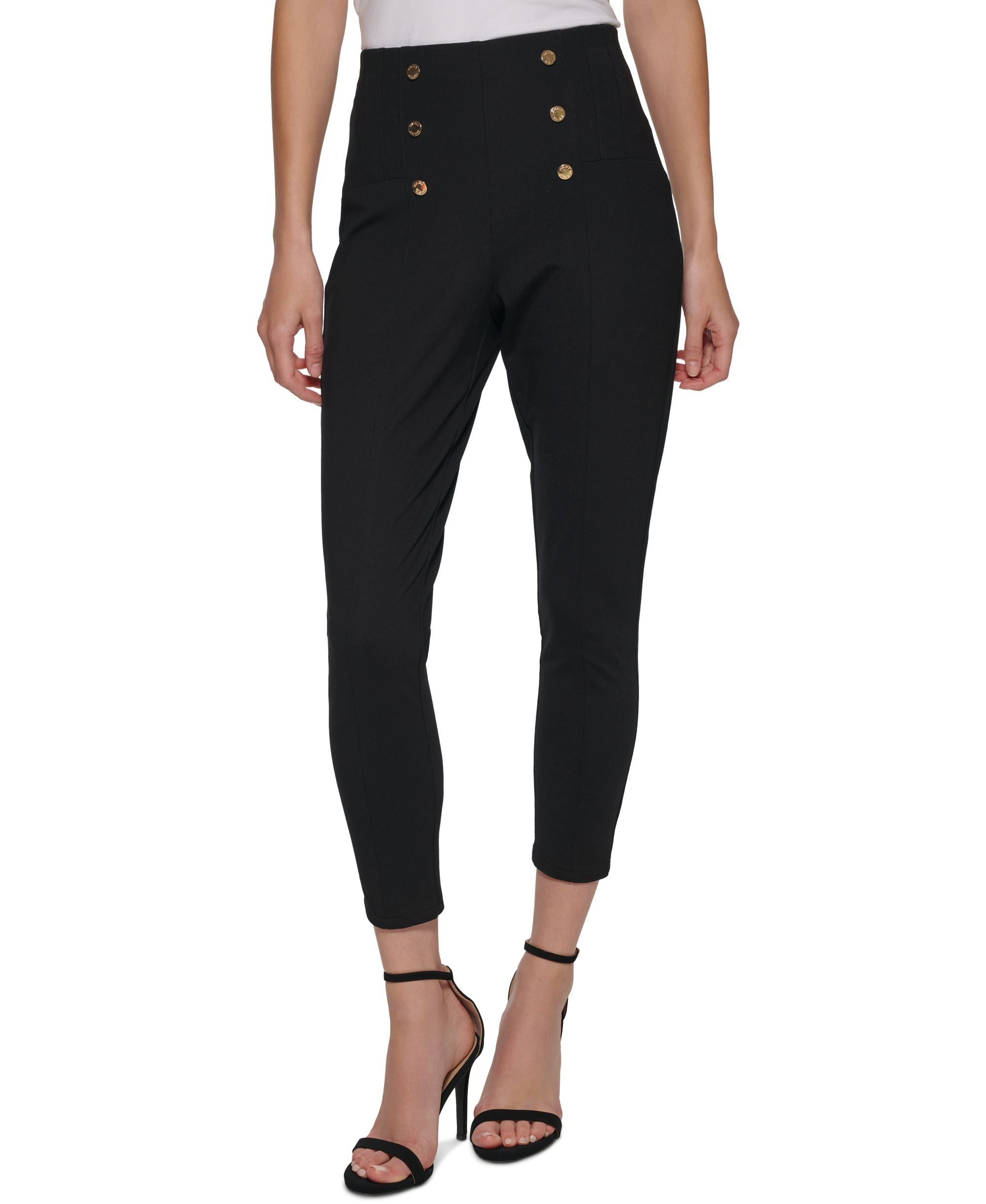 DKNY Petite High Waisted Button Detail Pants