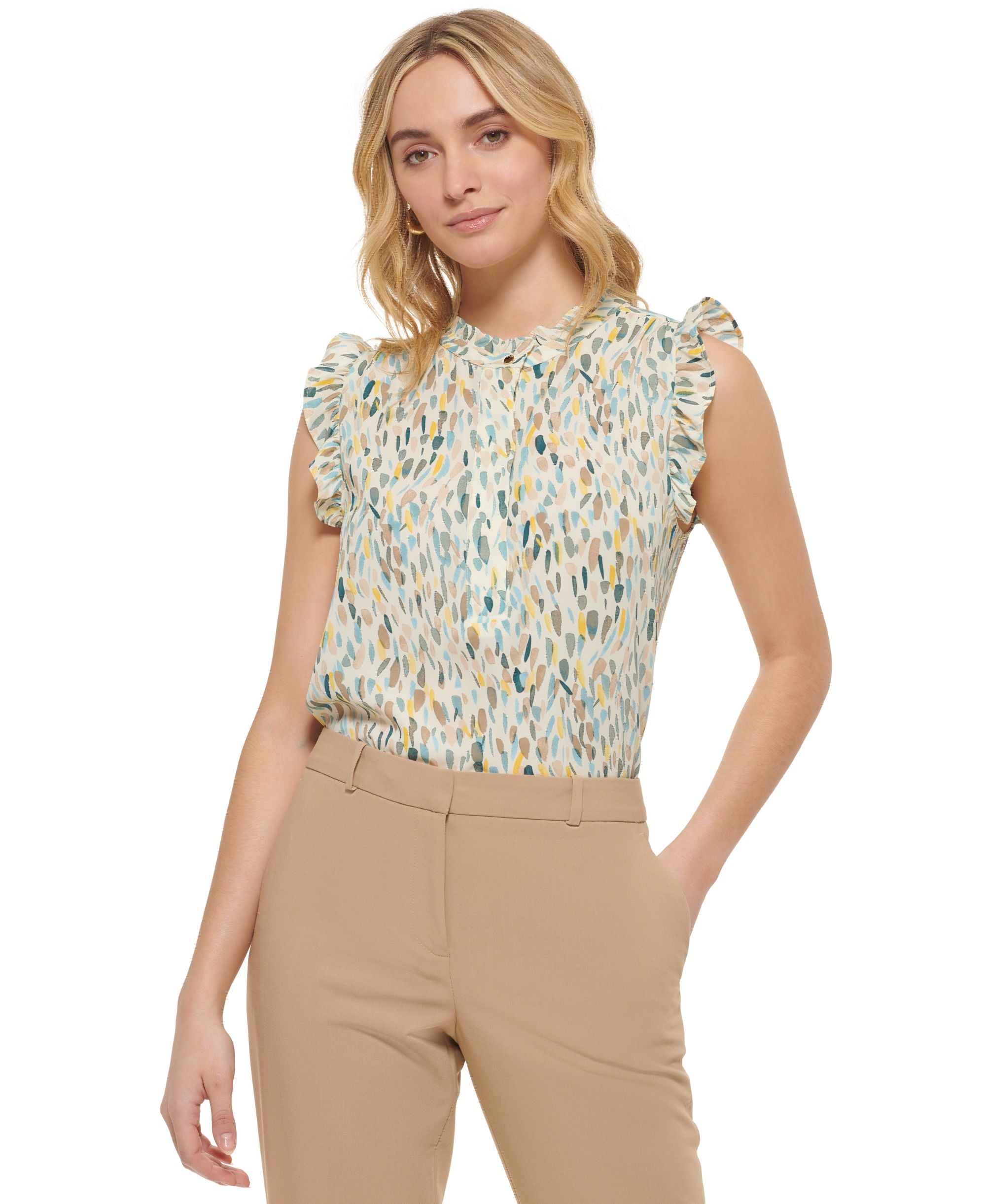 DKNY Womens Ruffled Printed Blouse