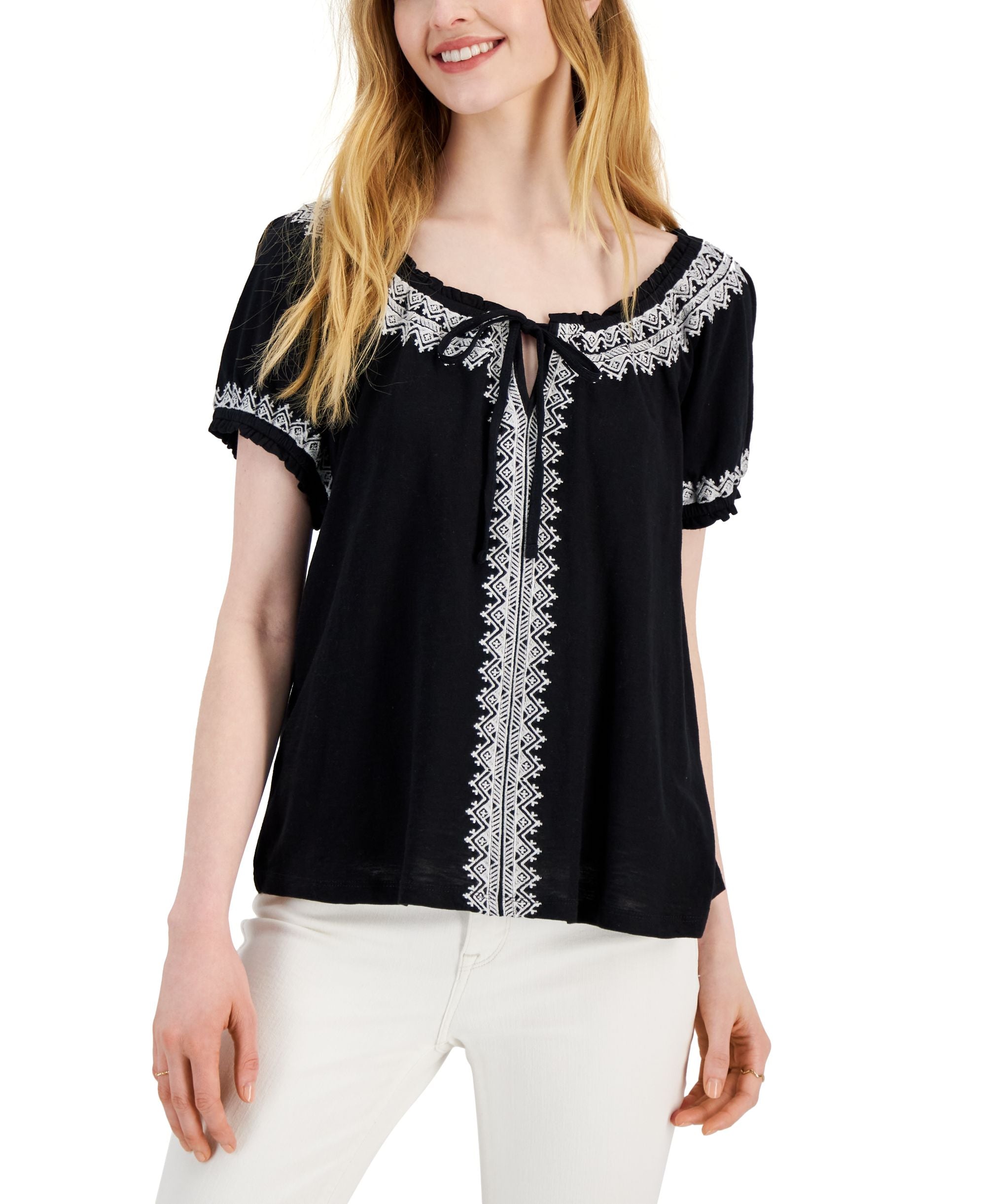 Style & Co Womens Embroidered Puff Sleeve Blouse