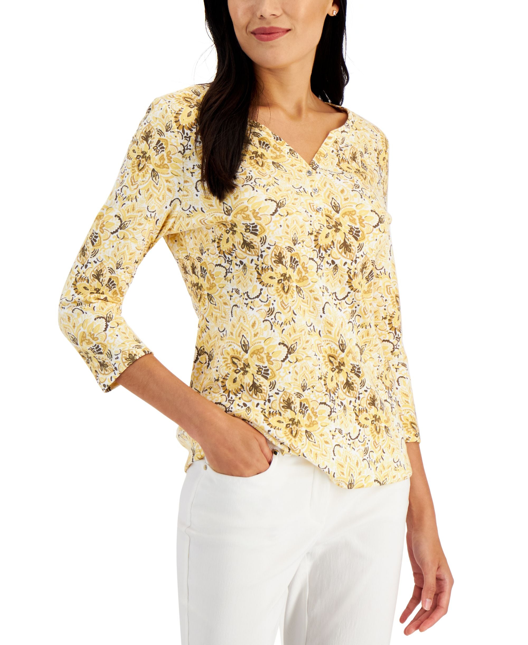 Women's Painted Fans Printed Henley Top
