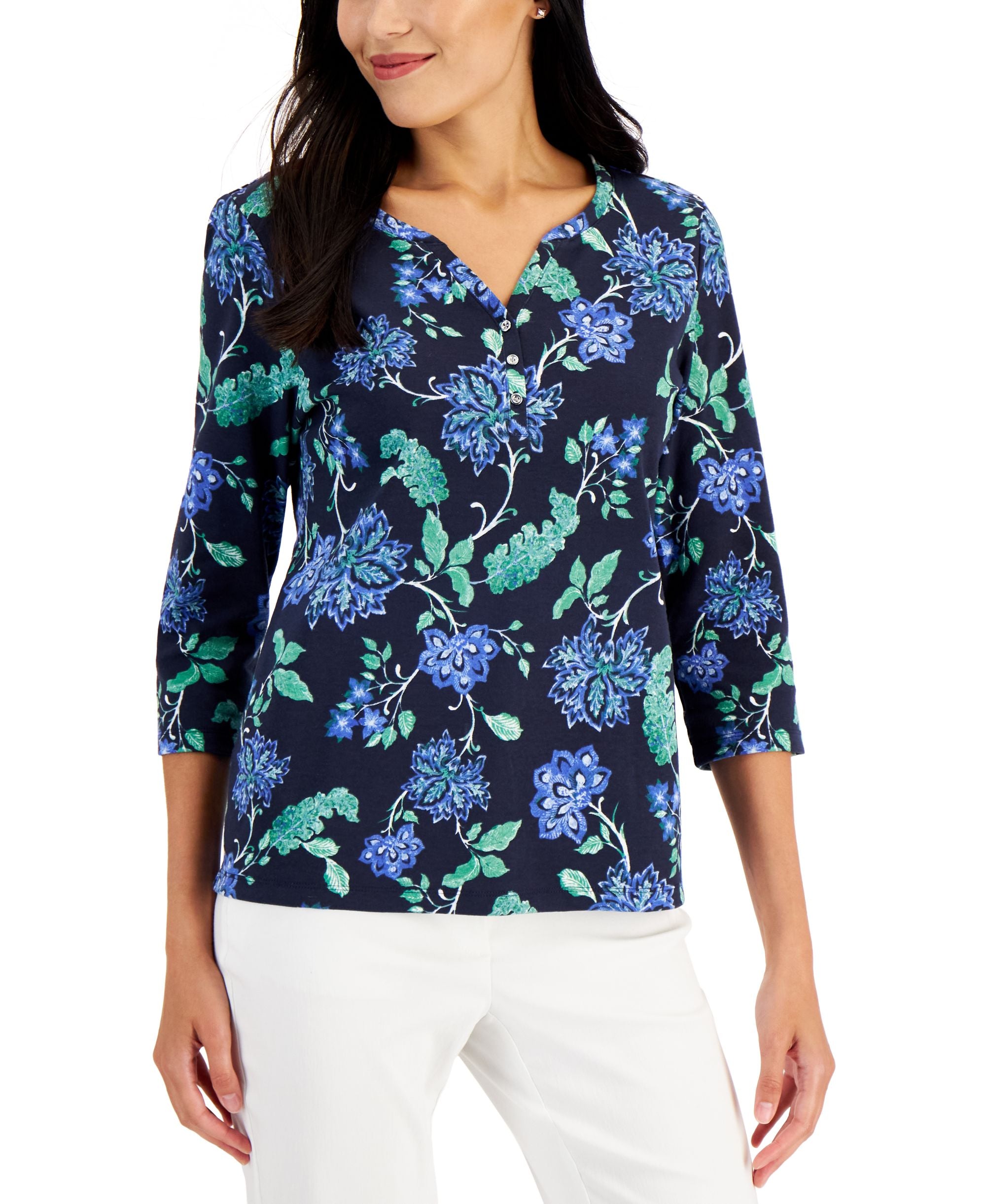 Karen Scott Womens Folk Fantasy Printed Henley Top