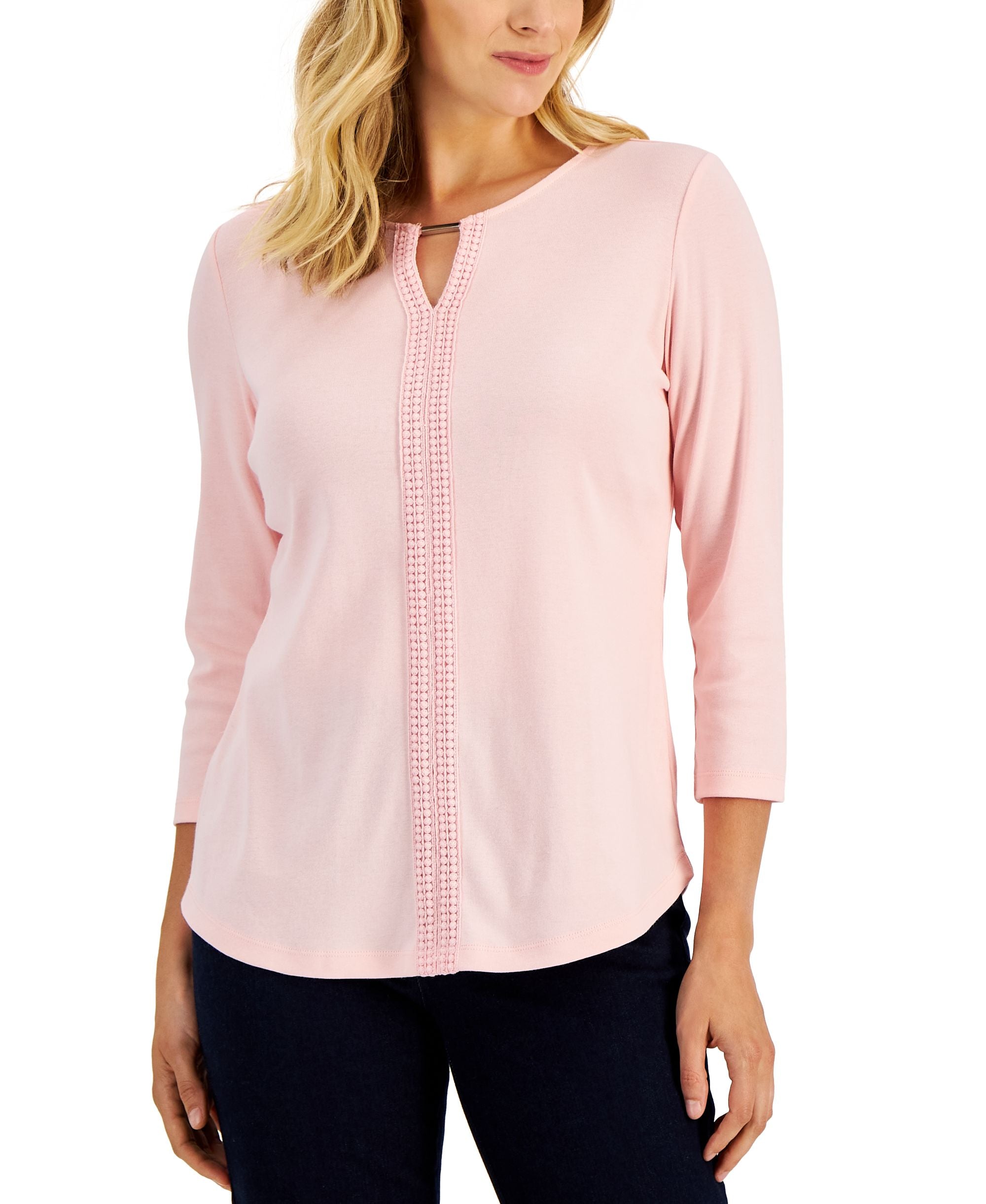 Karen Scott Womens 3/4 Sleeve Crochet Detail Top