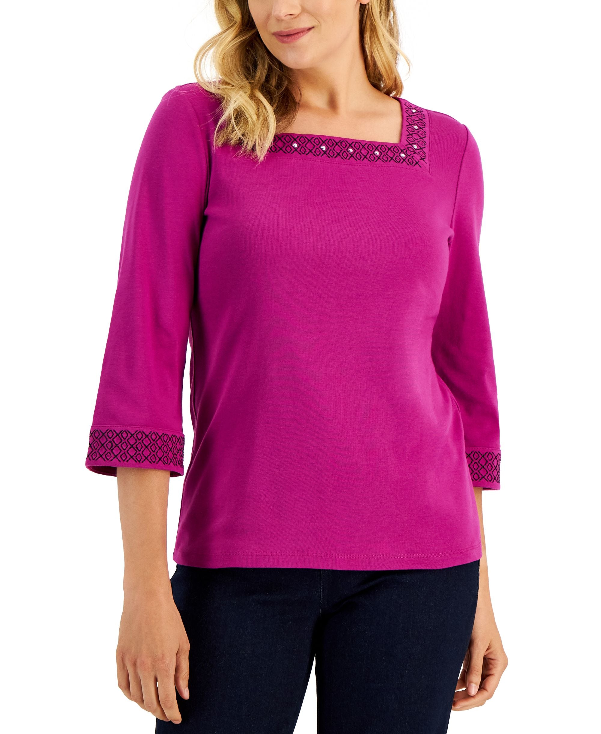 Karen Scott Womens Cotton Hot Fix Square Neck Top