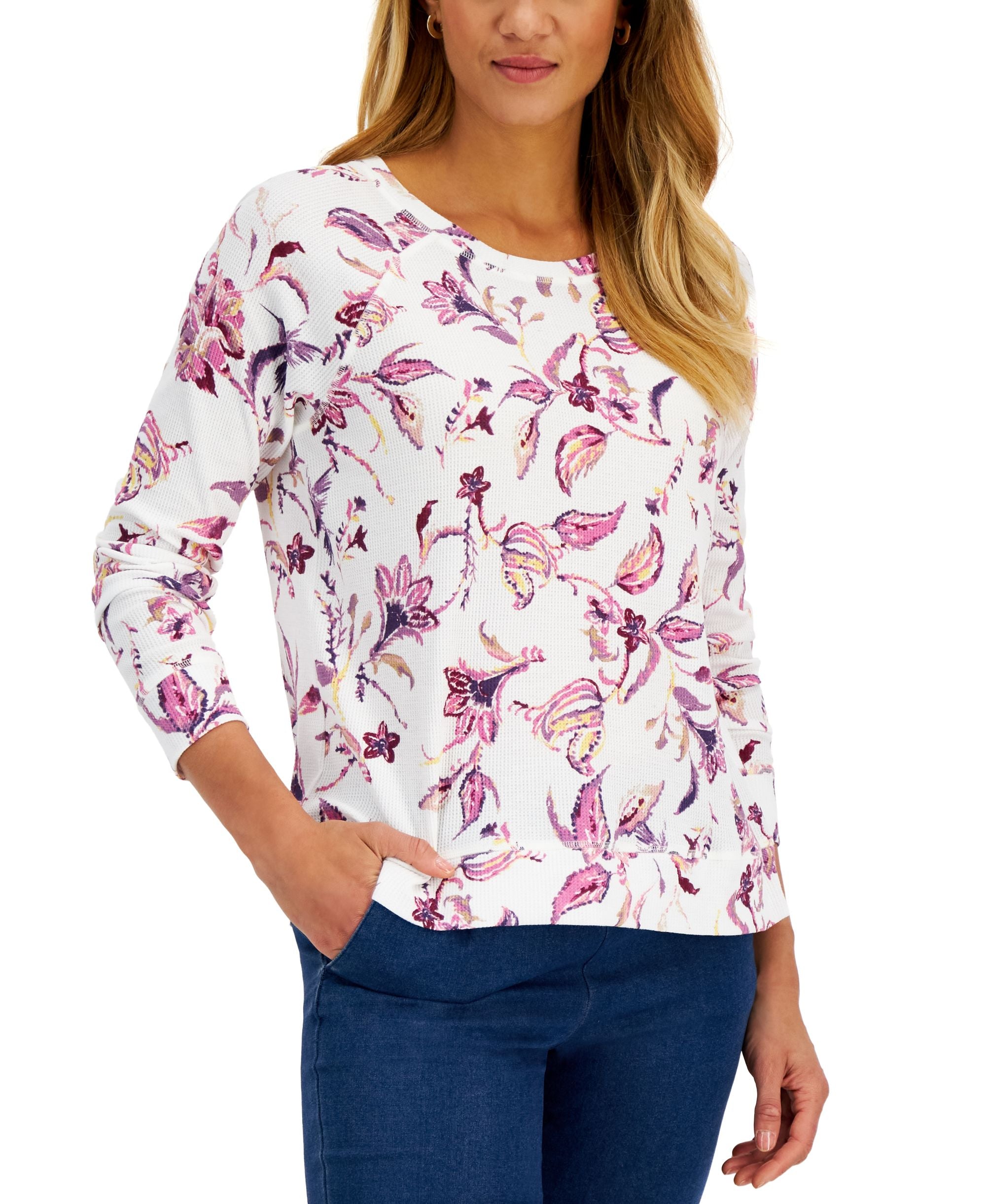 Karen Scott Womens Ornate Paisley Waffled Shirt