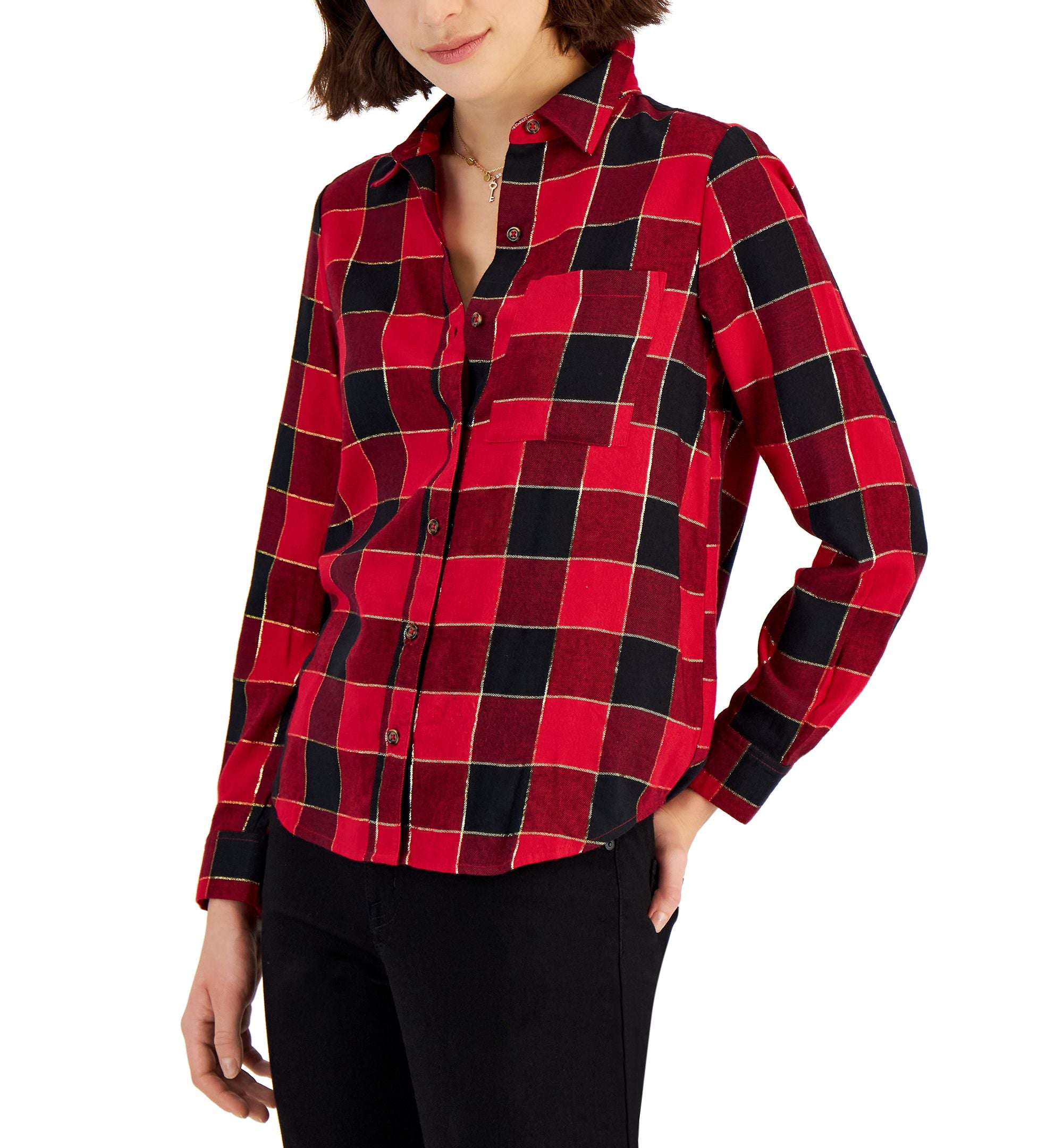 Style & Co Womens Shine Plaid Perfect Shirt