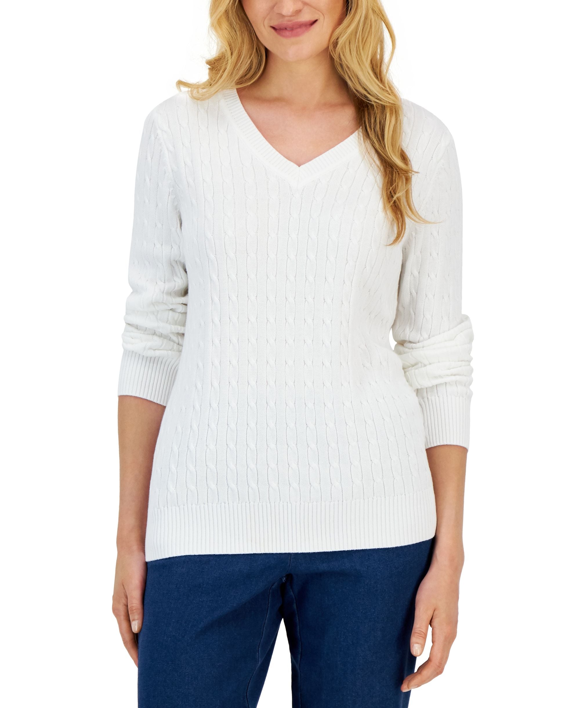 Karen Scott Petite Cotton V Neck Cable Sweater