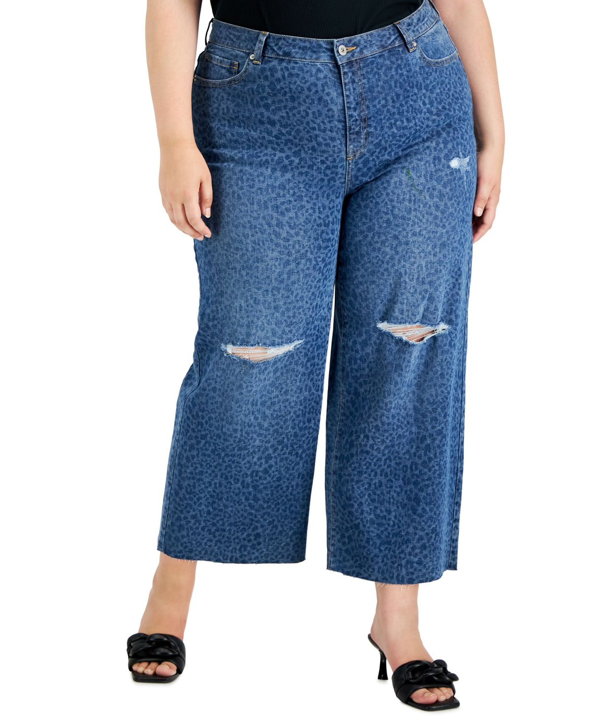 INC International Concepts Plus Size Cheetah Print Destructed Wide Leg Jeans