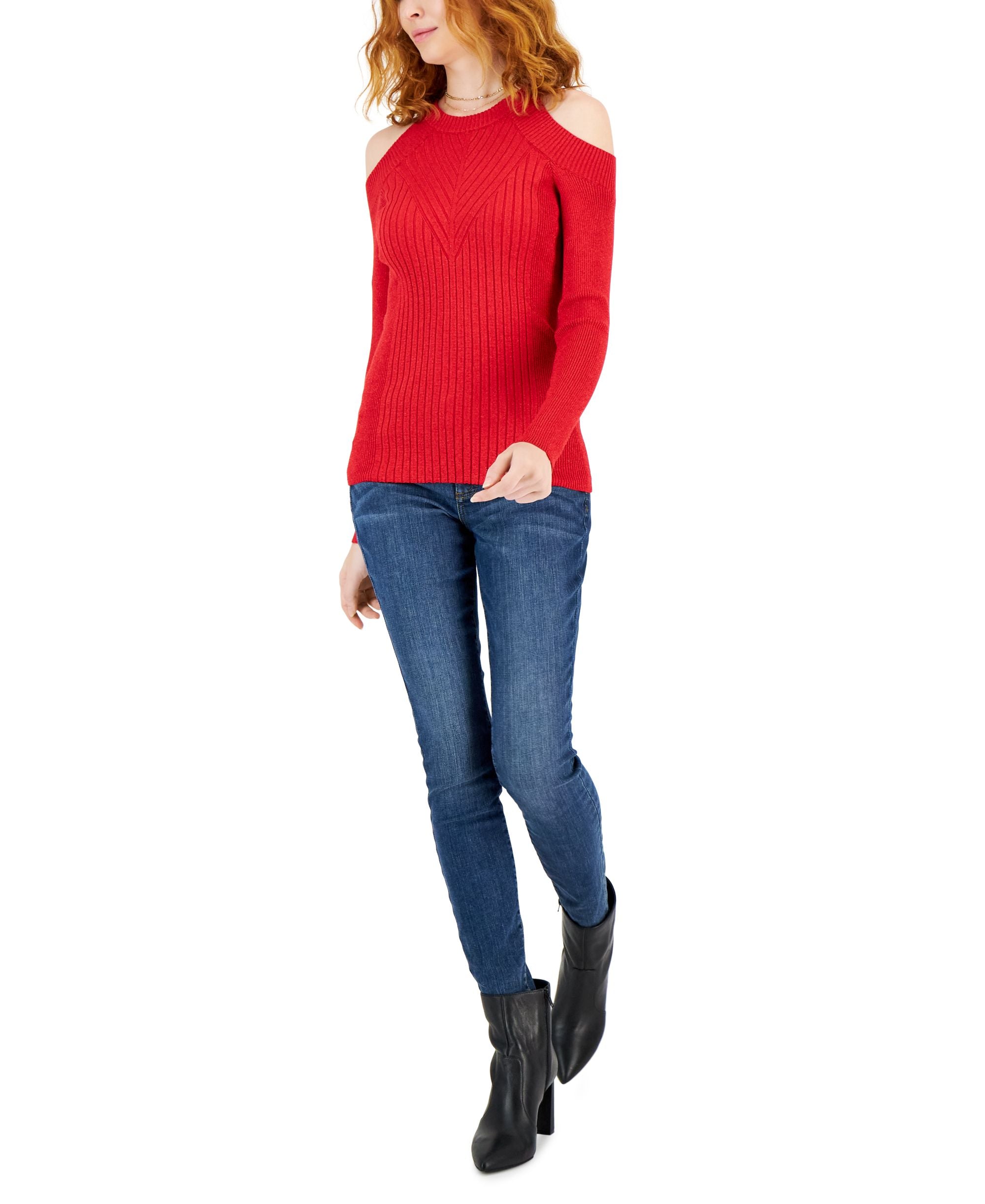 International Concepts Womens Cold Shoulder Ribbed Knit Metallic Sweater