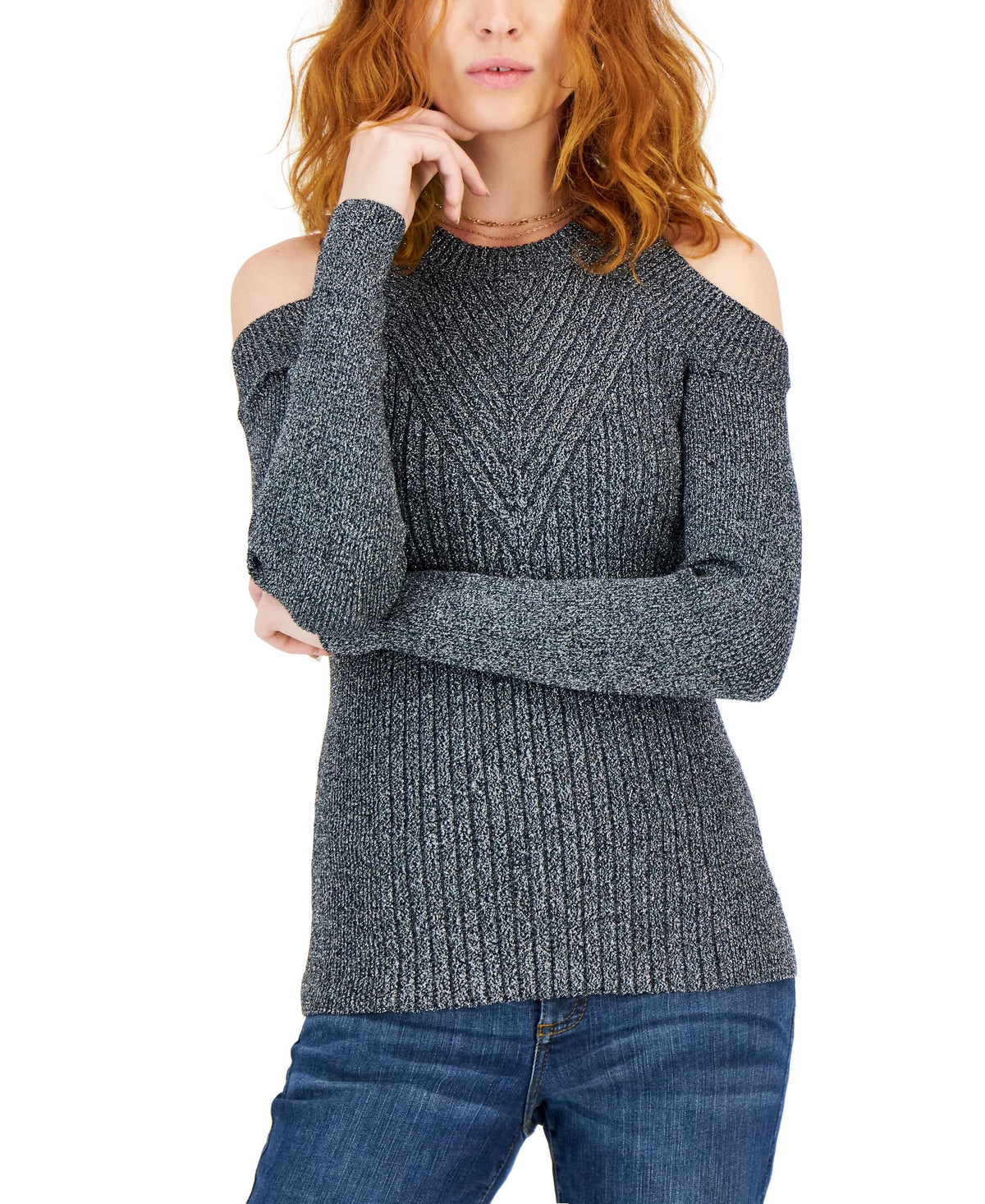 International Concepts Womens Cold Shoulder Ribbed Knit Metallic Sweater