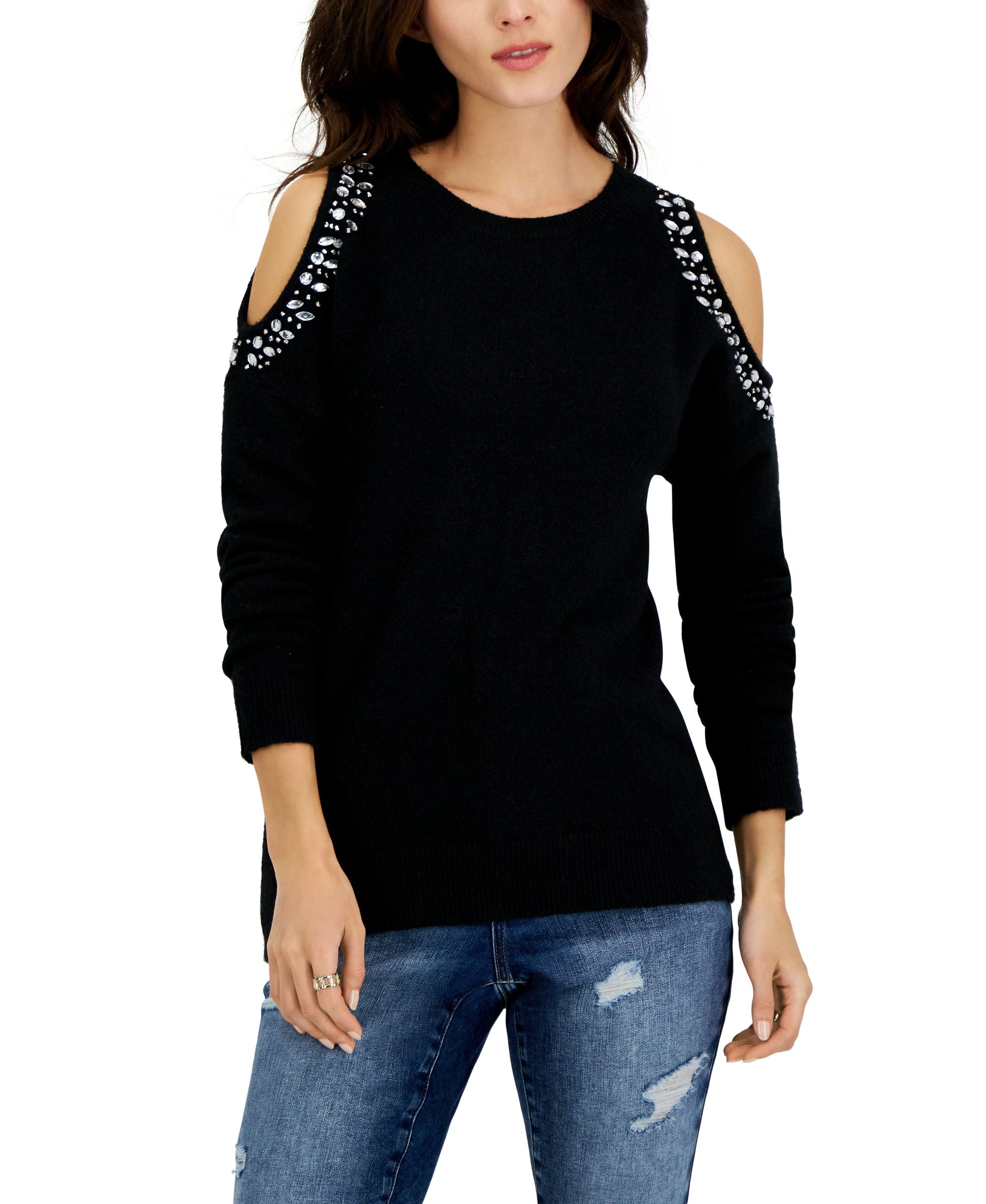 INC International Concepts Womens Jewel Studded Cold Shoulder Sweater