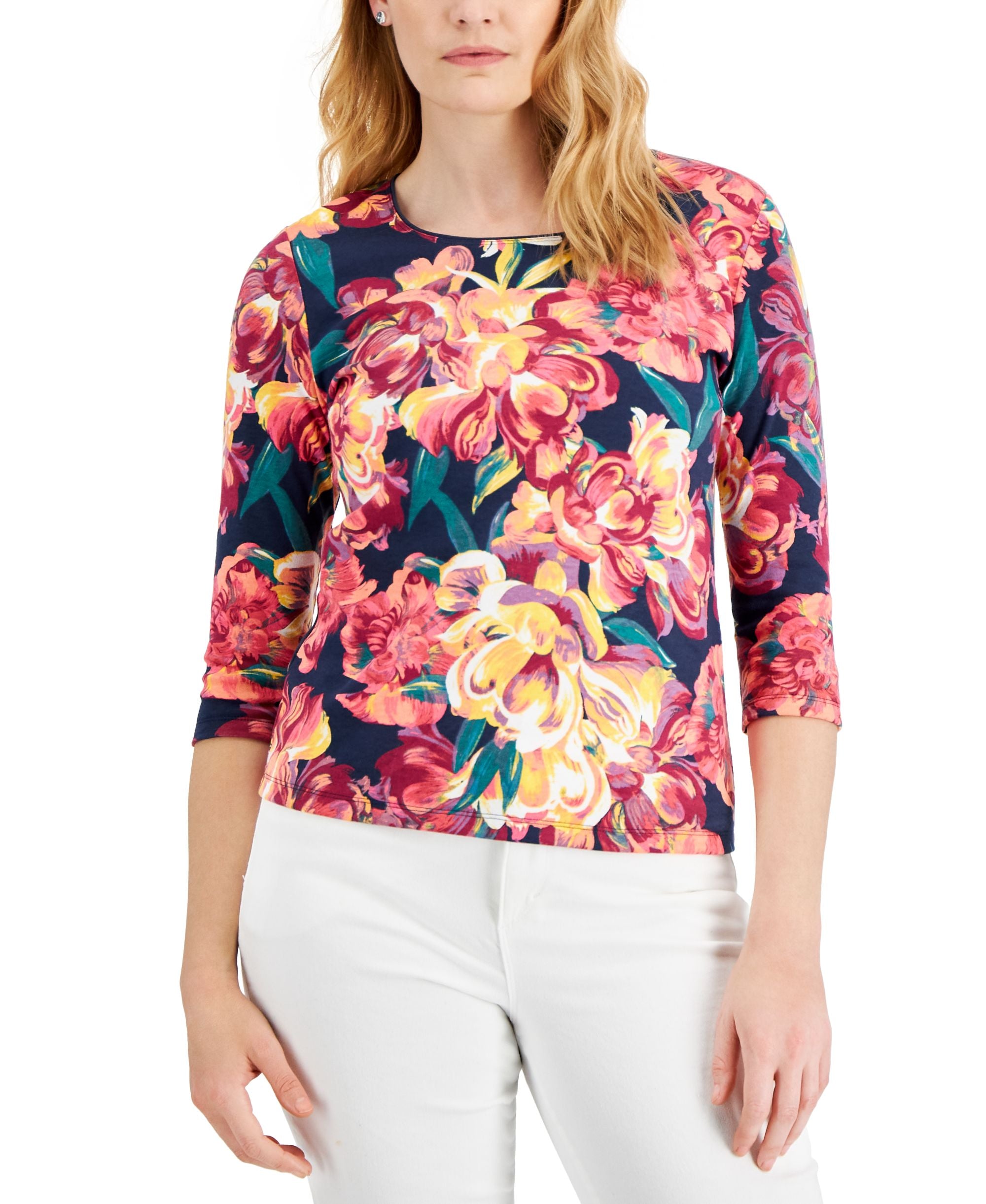 Karen Scott Petite Autumn Dream Printed Scoop Neck Top