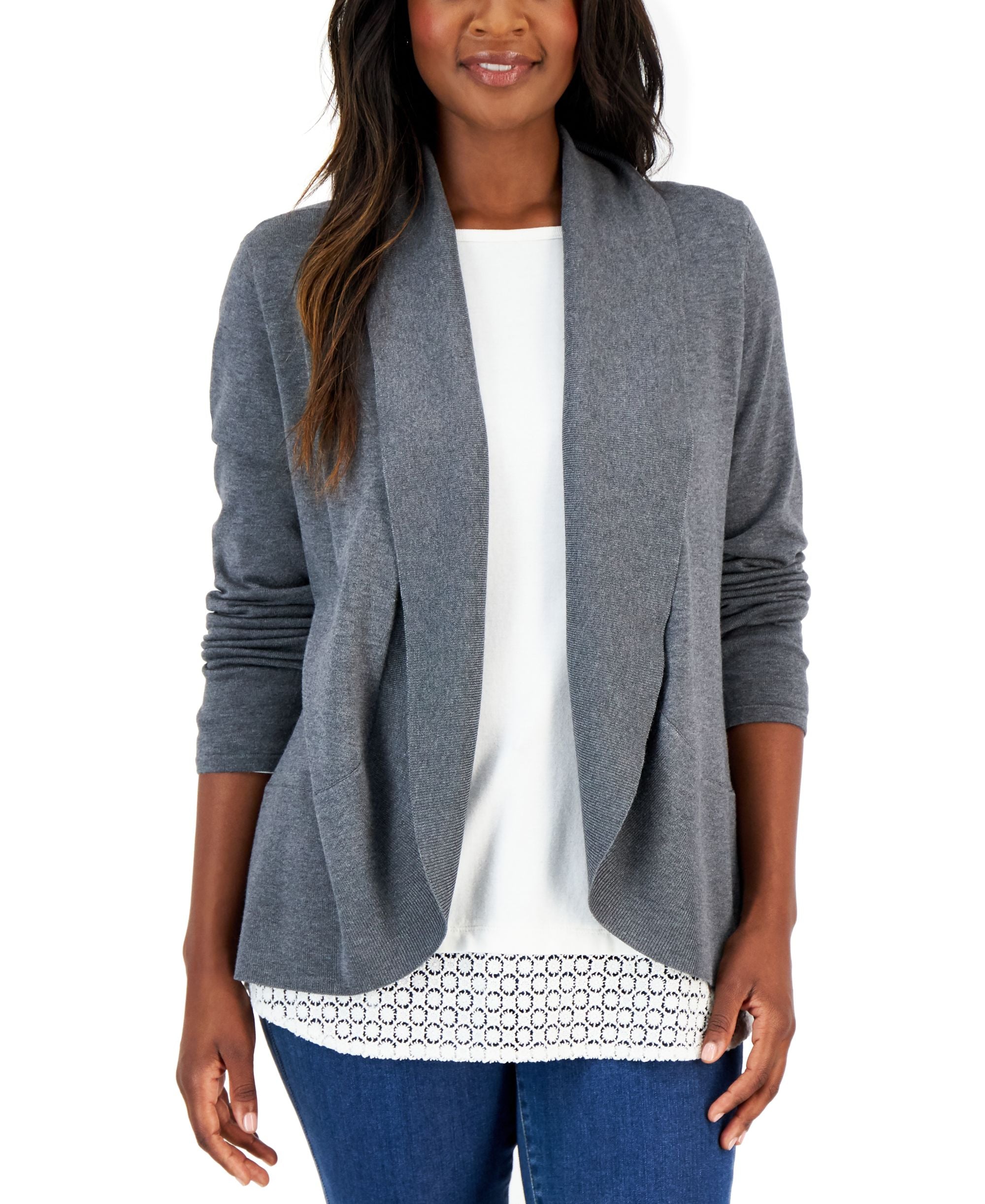 Women's Shawl-Collar Curved-Hem Cardigan