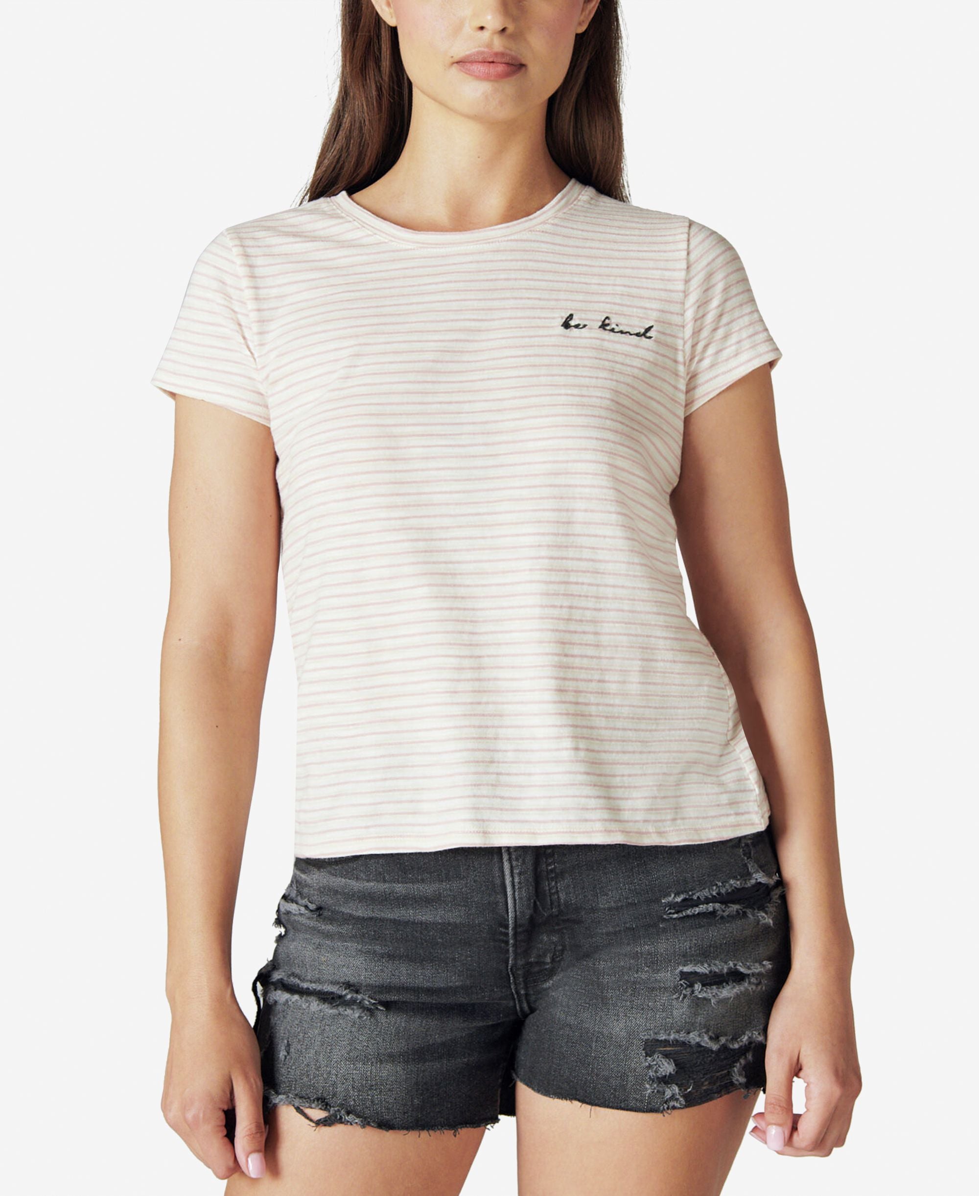Lucky Brand Embroidered Striped Cotton T-Shirt