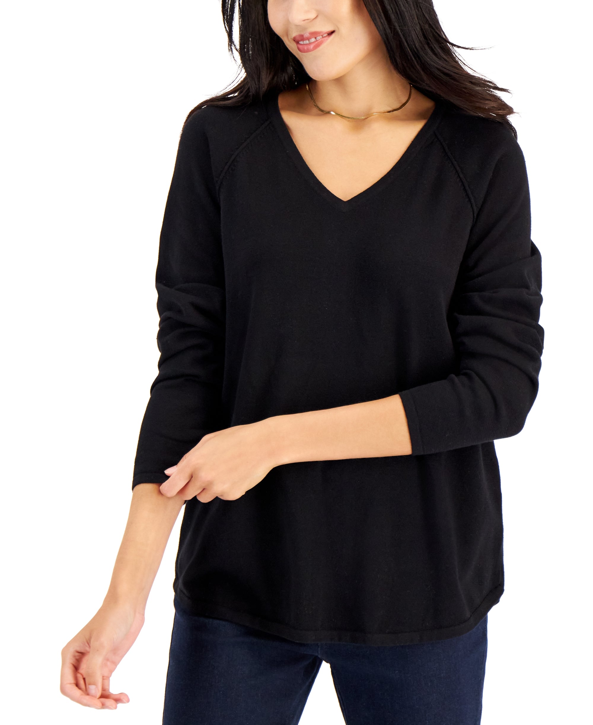 Petite Cotton V-Neck Curved-Hem Pullover Sweater