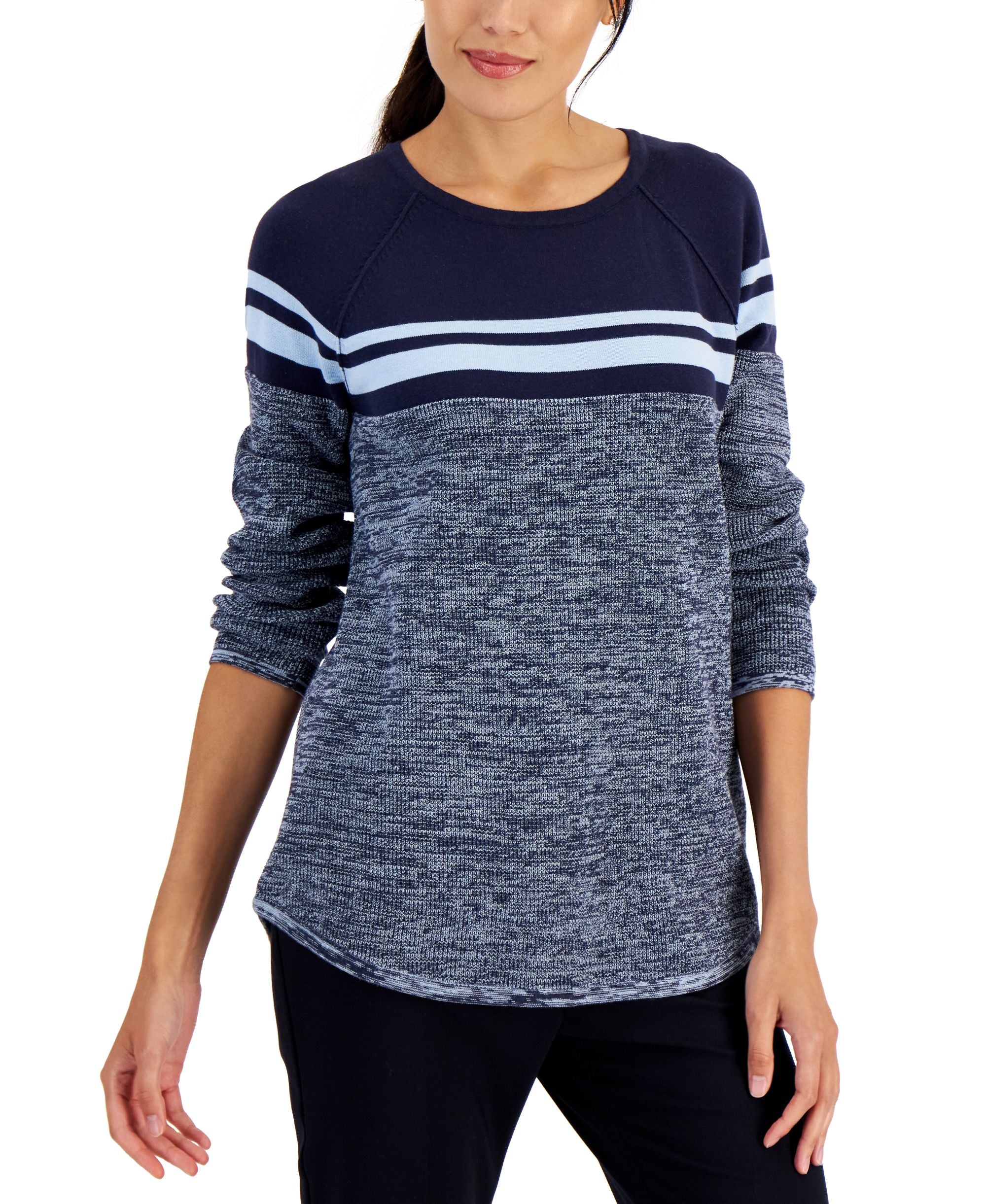 Karen Scott Petite Cotton Curved-Hem Striped Pullover Sweater