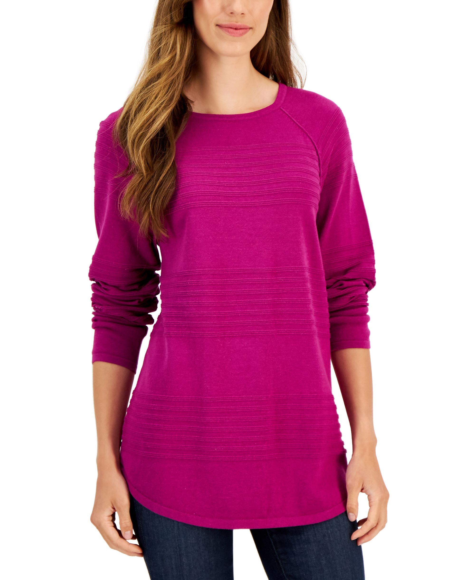 Women's Cotton Textured-Stripe Raglan-Sleeve Sweater