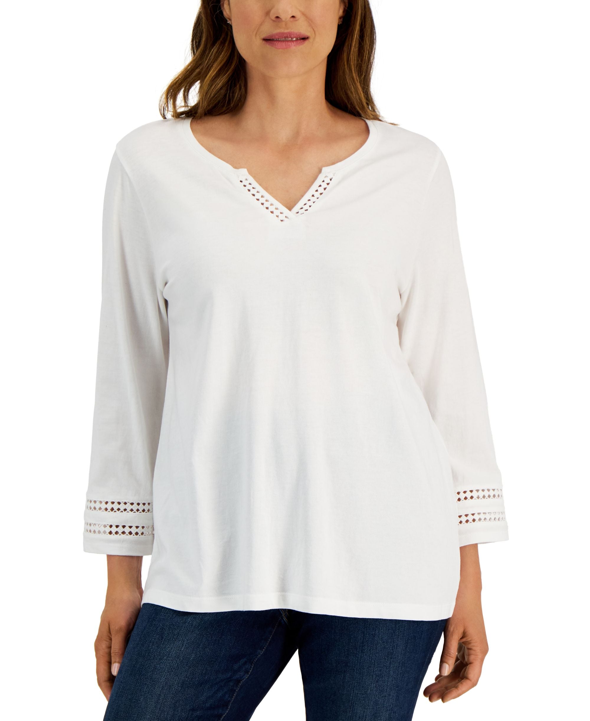 Karen Scott Womens Ladder Trim 3/4 Sleeve Split Neck Top