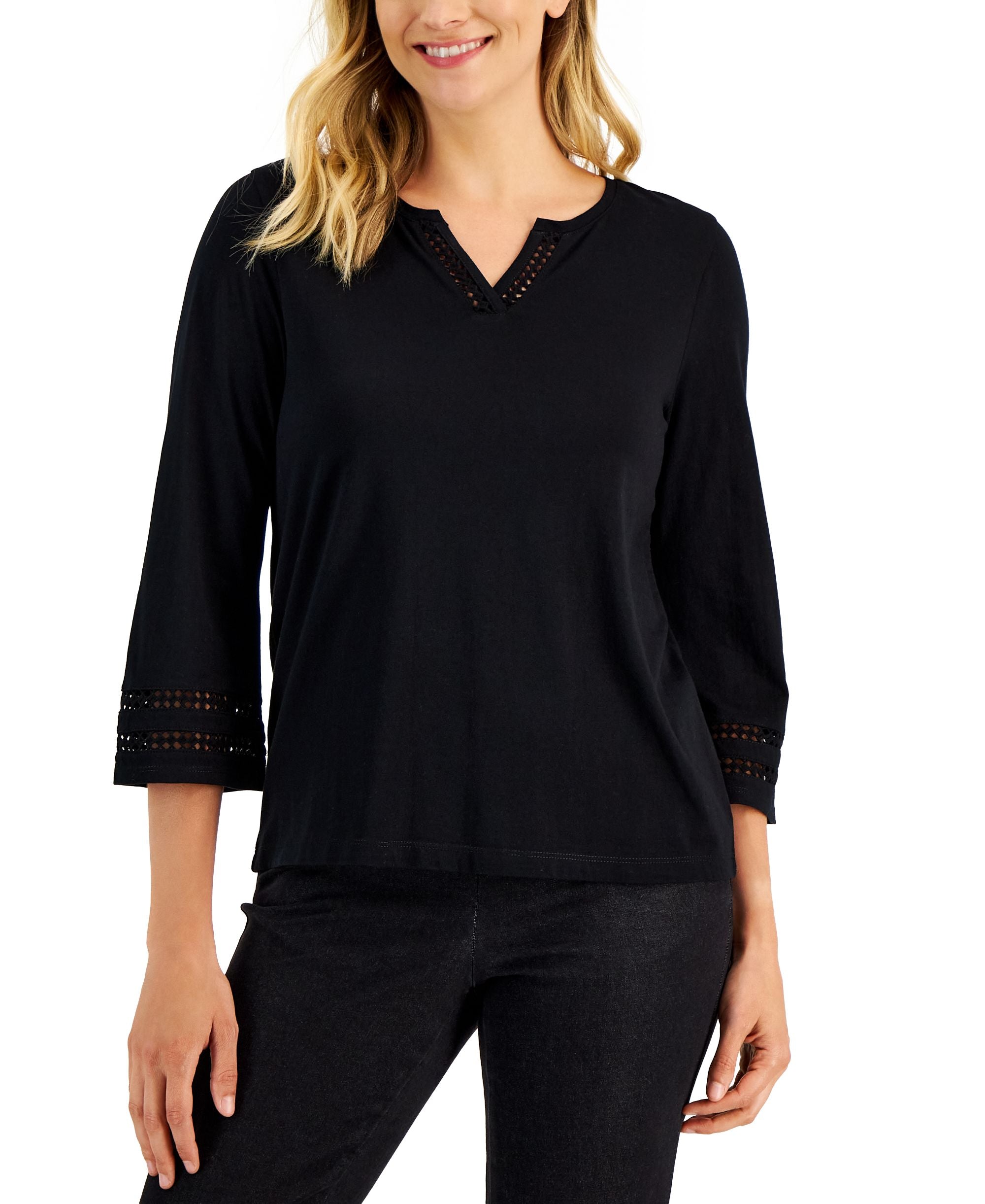 Karen Scott Womens Ladder Trim 3/4 Sleeve Split Neck Top