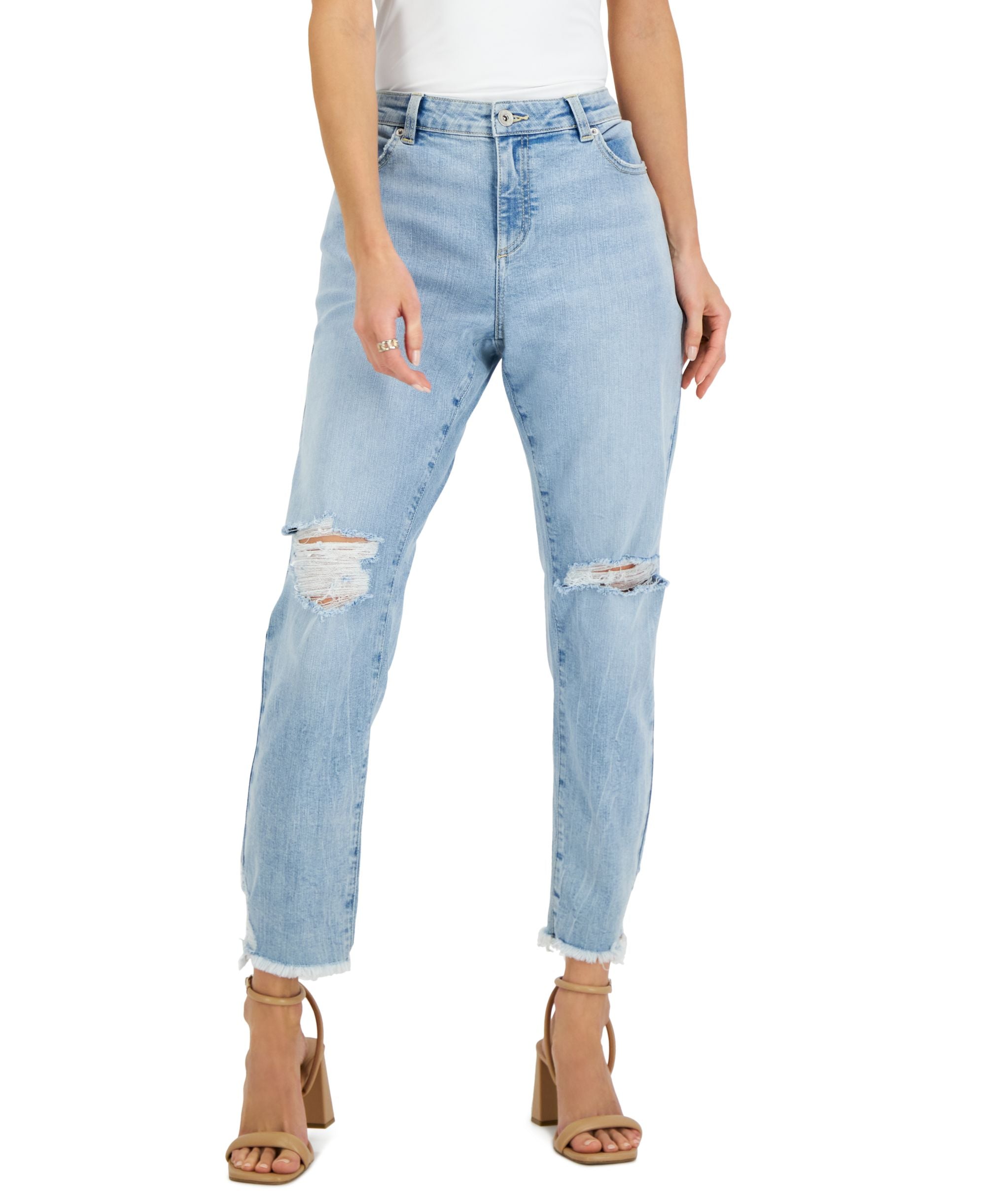 INC International Concepts Womens Mid Rise Ripped Straight Leg Jeans