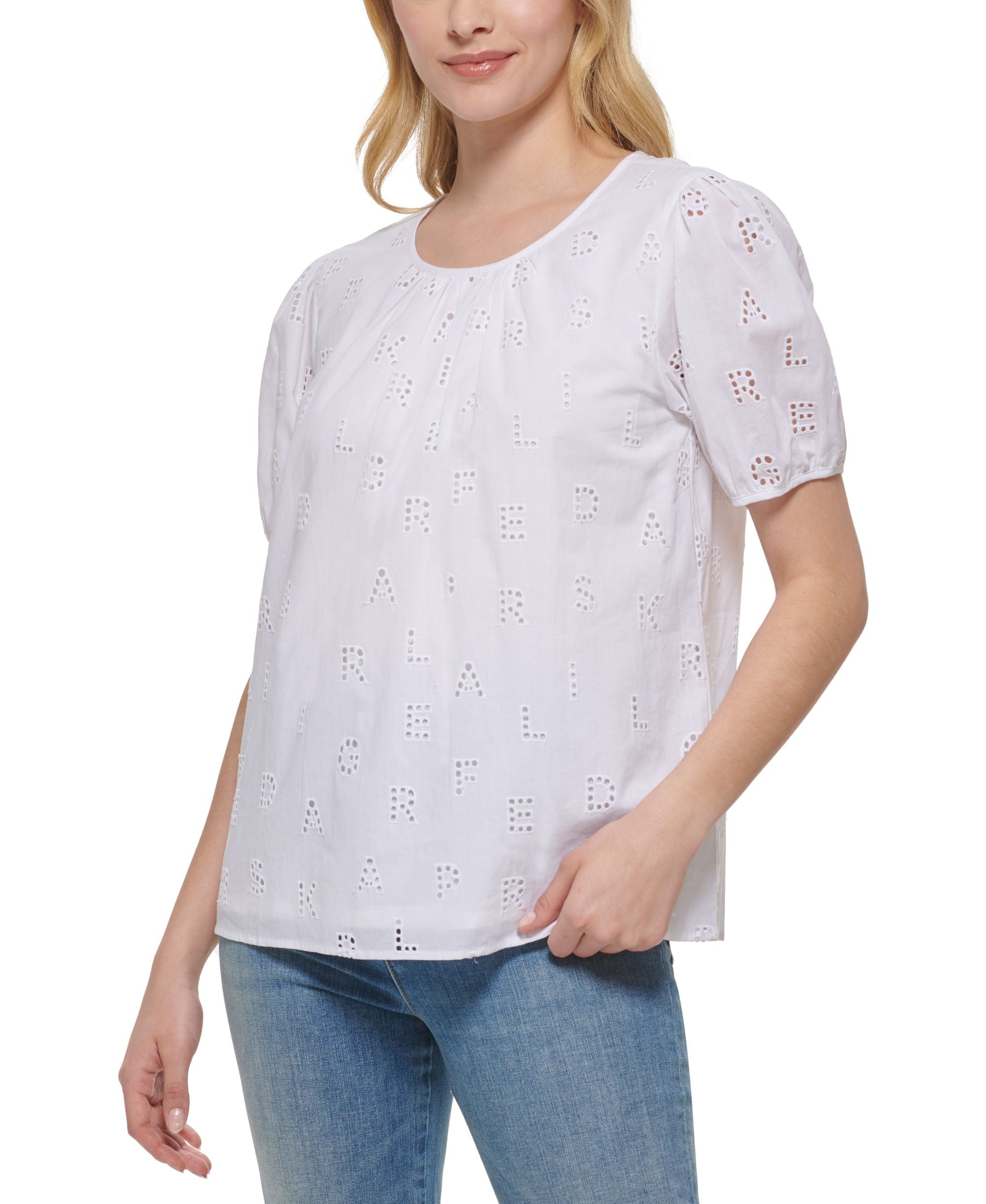 Karl Lagerfeld Paris Womens Logo Eyelet Blouse