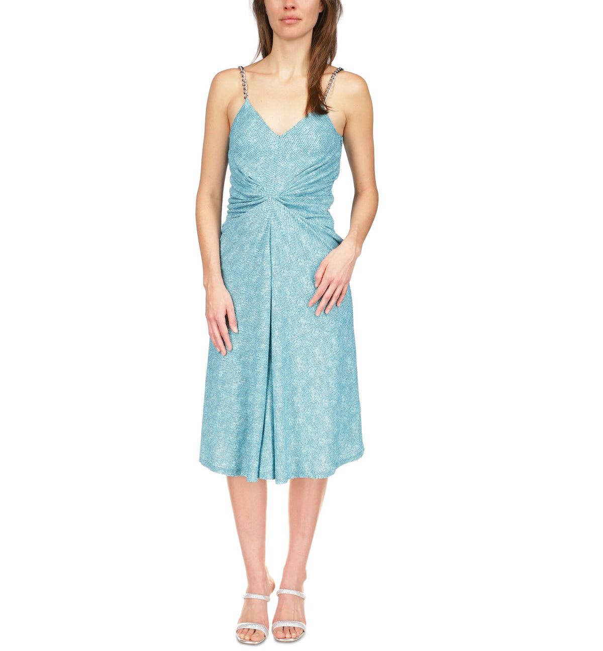 MICHAEL KORS Womens Zippered Twist Front Chain Textured Adjustable Spaghetti Strap V Neck Below The Knee Fit + Flare Dress