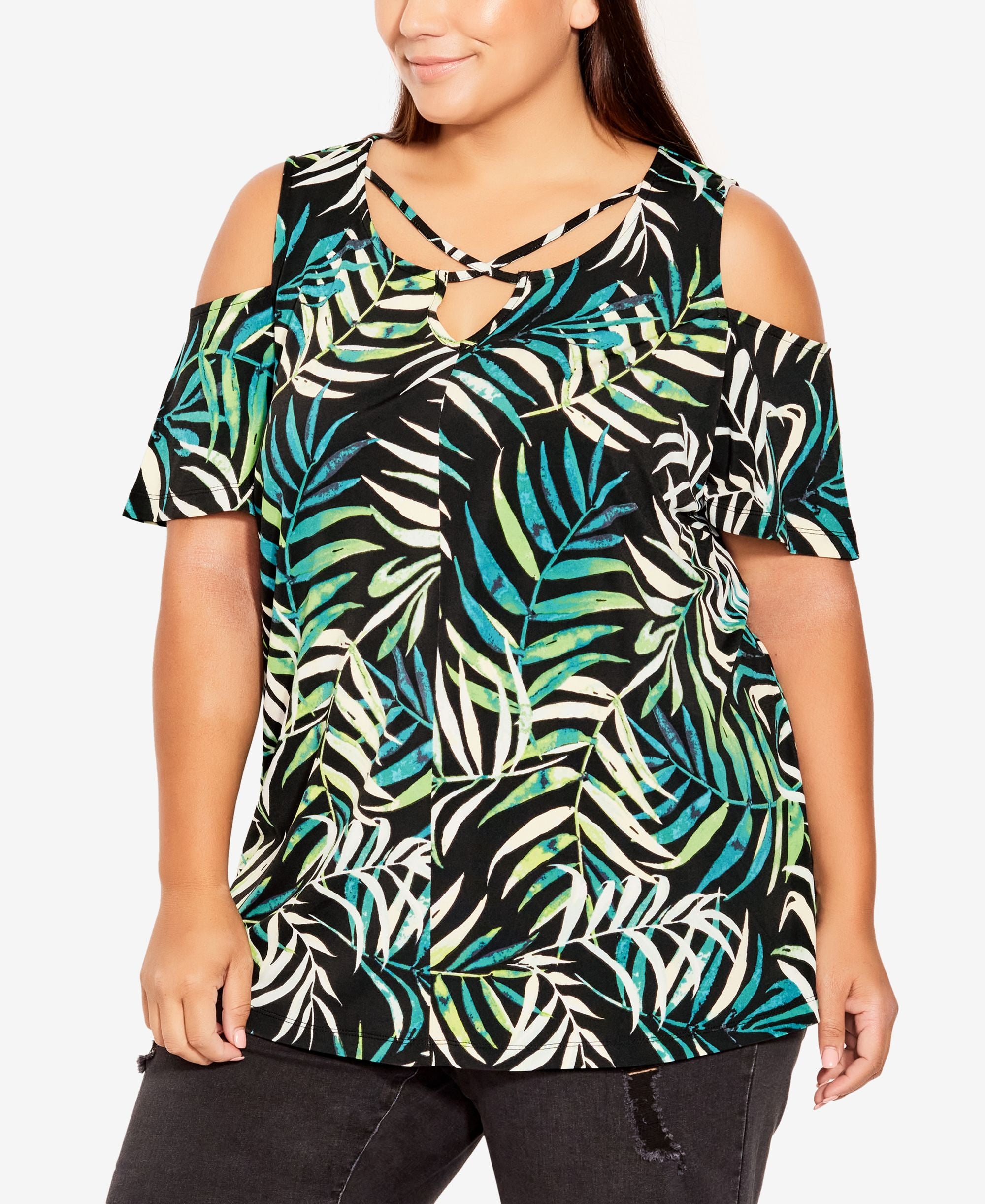 Plus Size Cold Shoulder Print Top