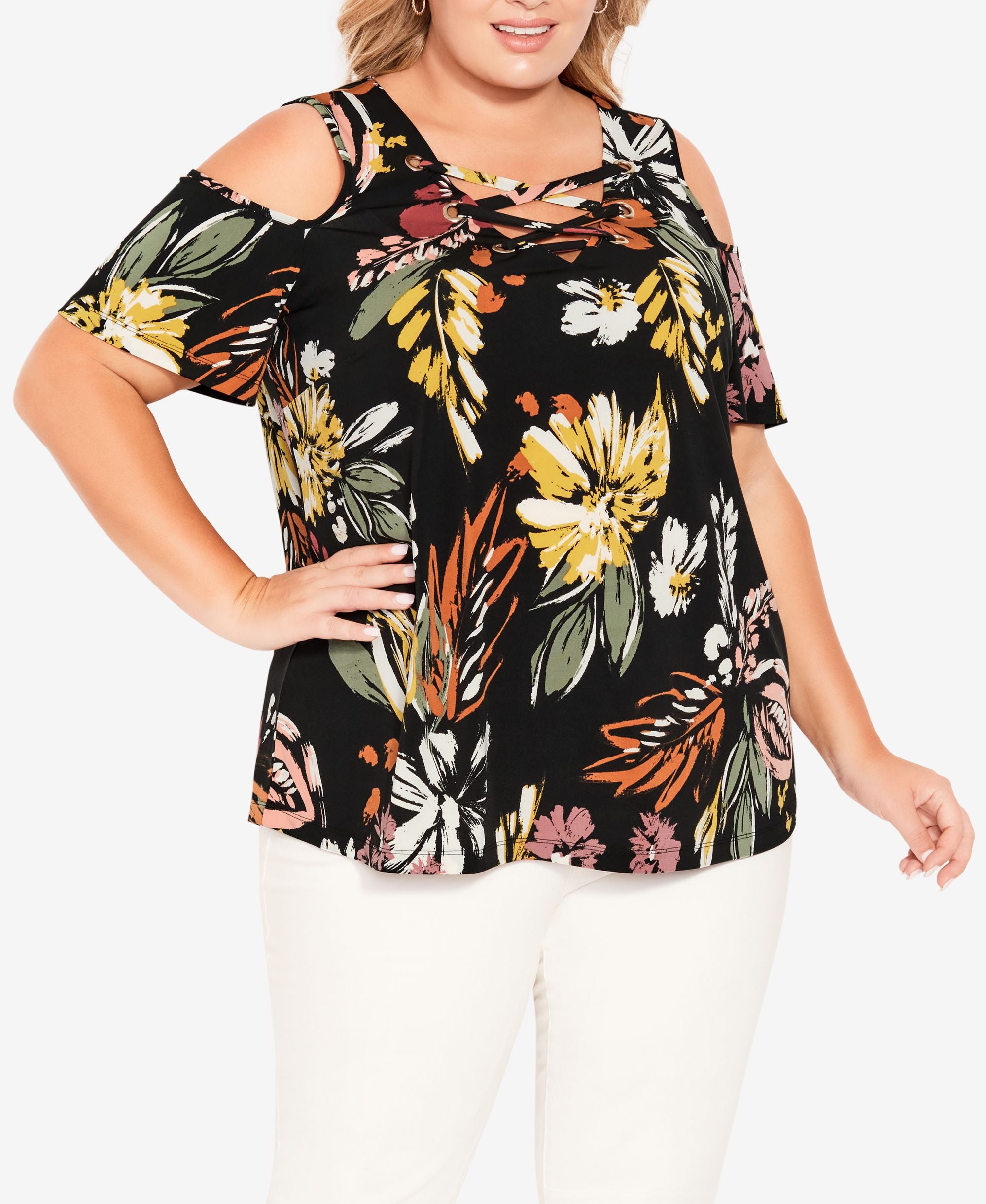 Plus Size Cara Cold Shoulder Print Top