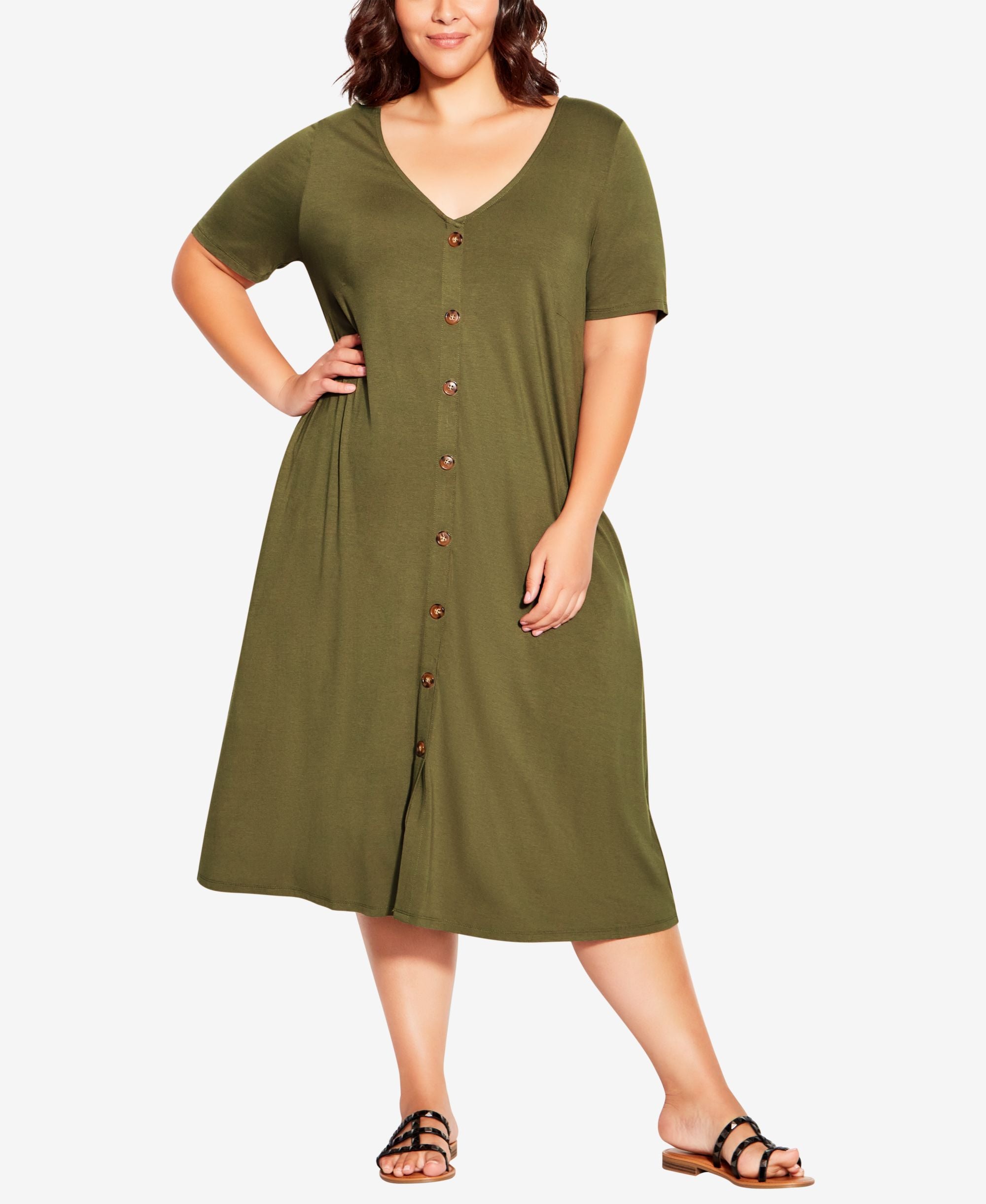 Plus Size Midi Button Plain Dress