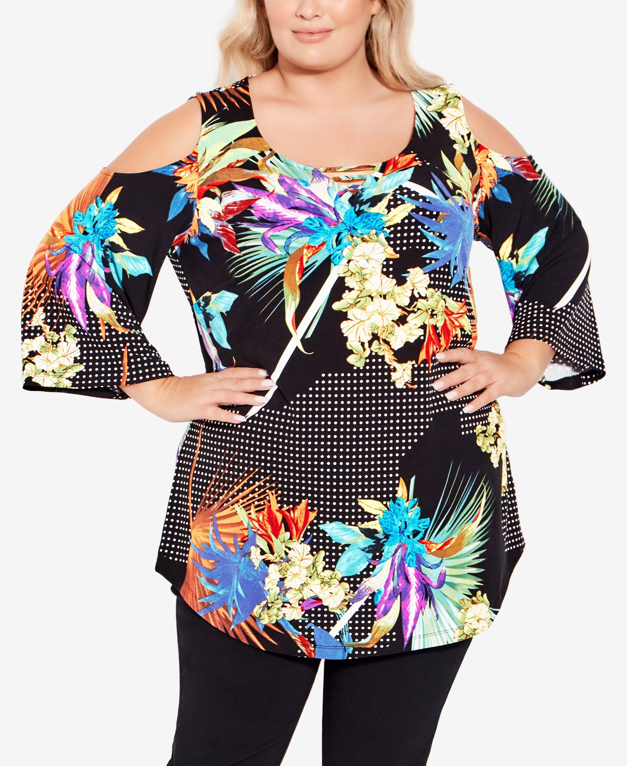 Plus Size Cold Shoulder 3 Bar Border Top