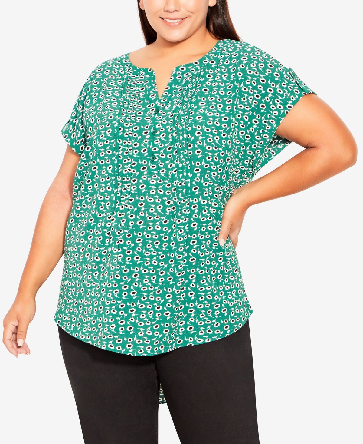 Plus Size Button Pleat Print Top