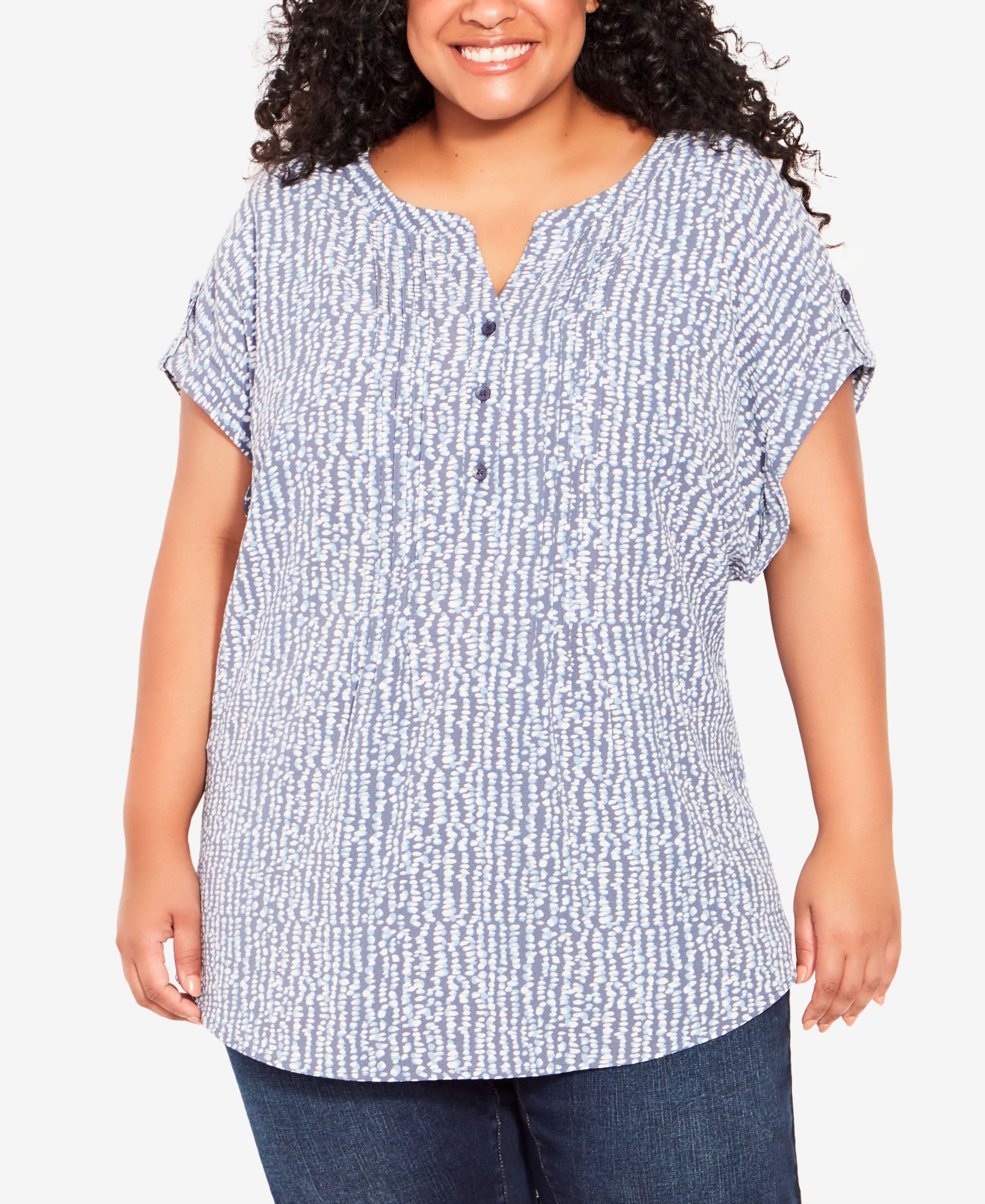 Plus Size Button Pleat Print Top