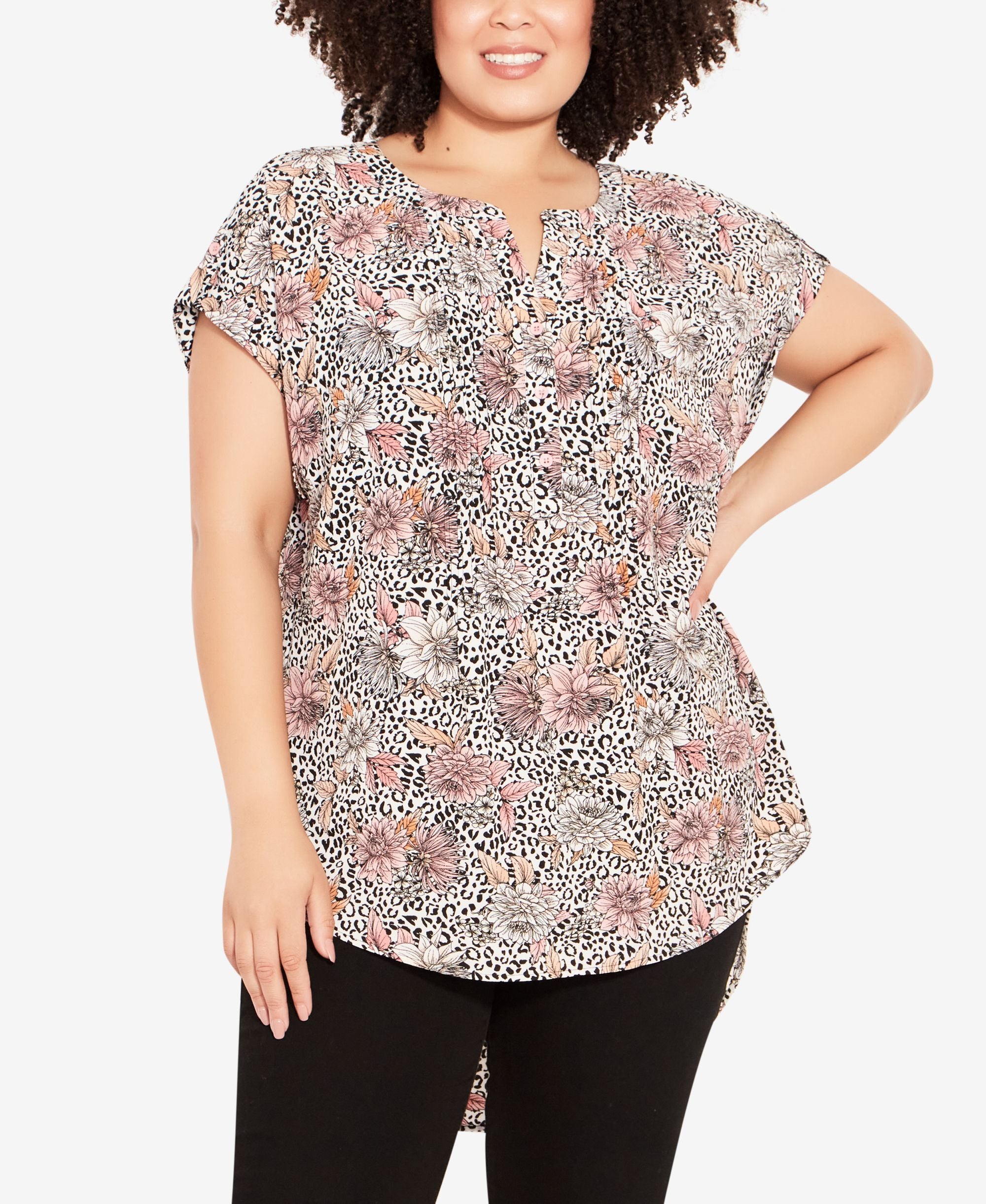 Plus Size Button Pleat Print Top