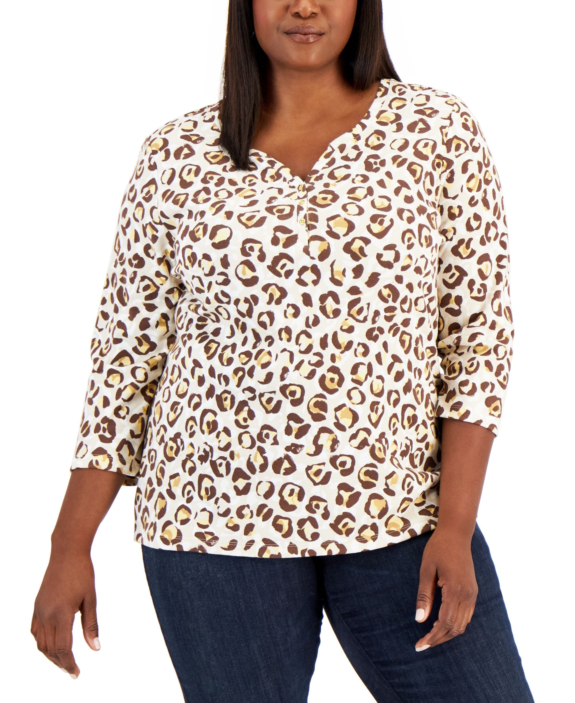 Karen Scott Plus Size Leopard Print Henley Top