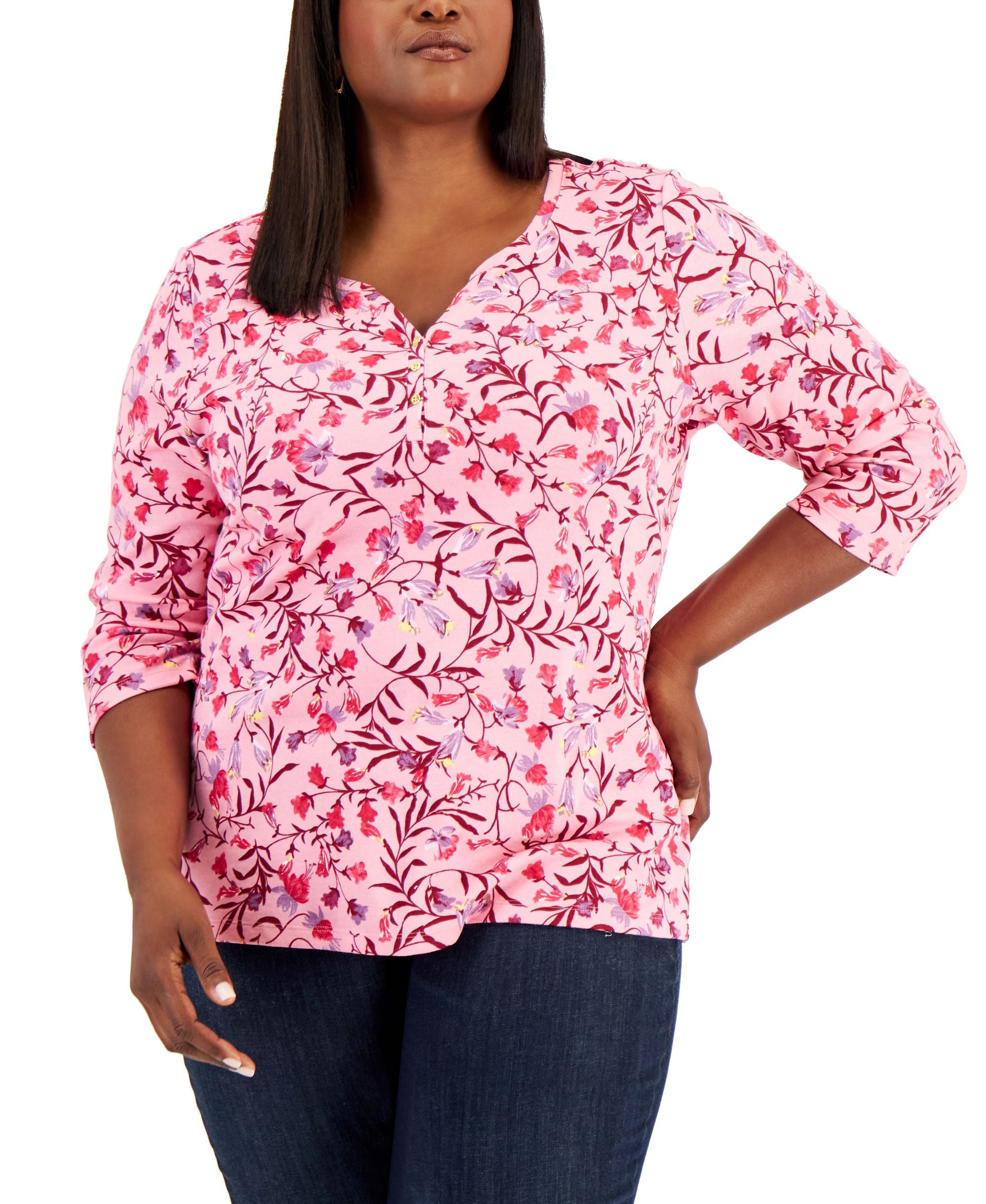 Karen Scott Plus Size Carolina Vine Henley Top