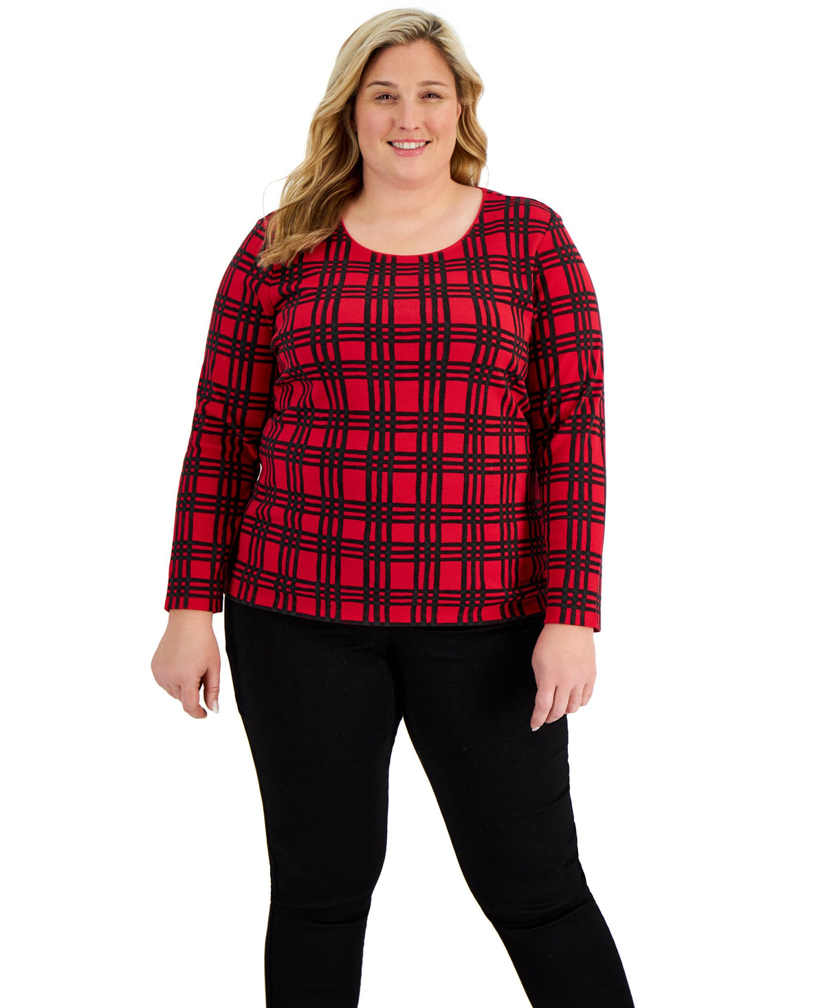 Karen Scott Plus Size Plaid Print Scoop Neck Top