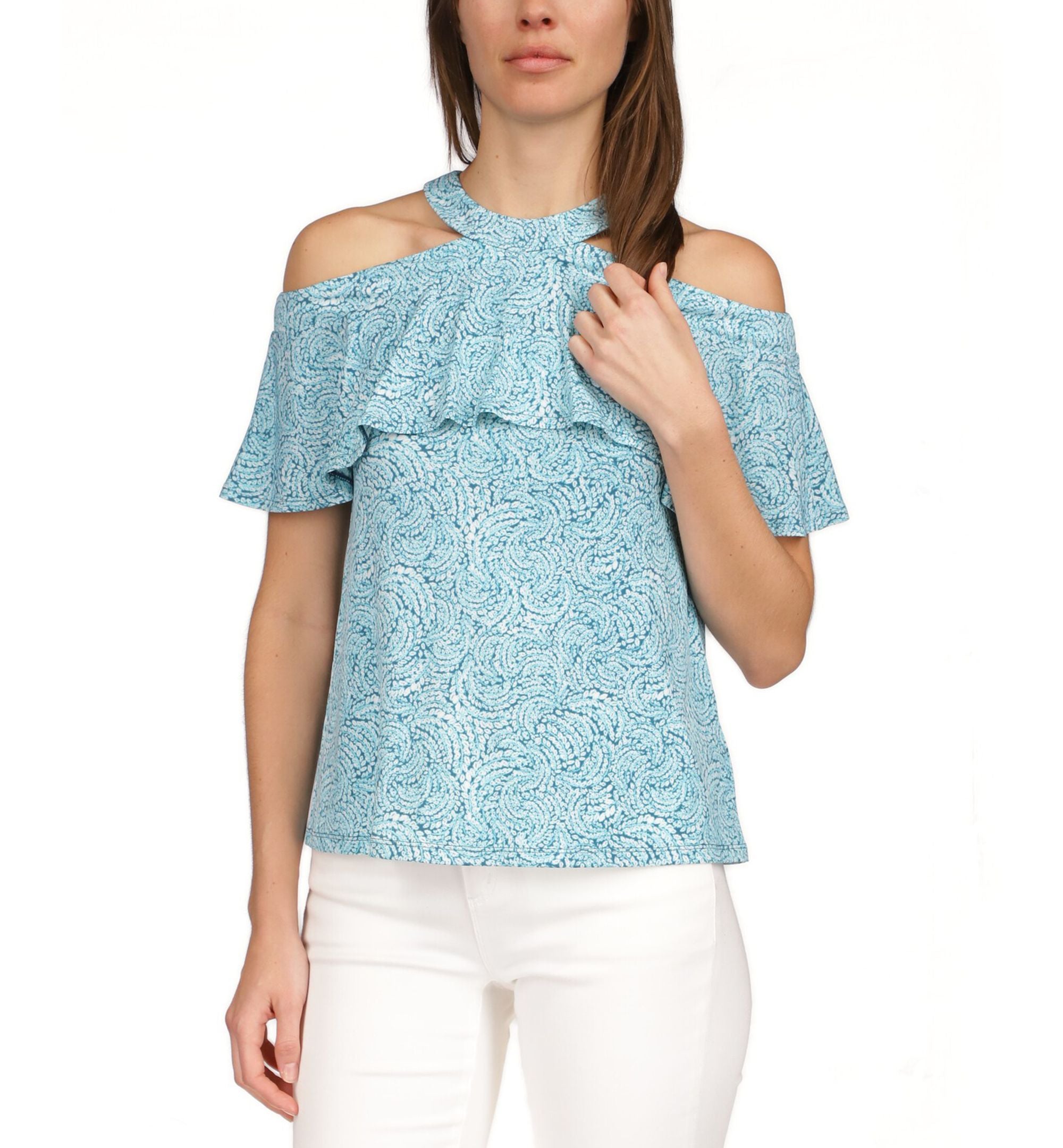 MICHAEL KORS Womens Zippered Cold Shoulder Ruffled Unlined Short Sleeve Halter Top