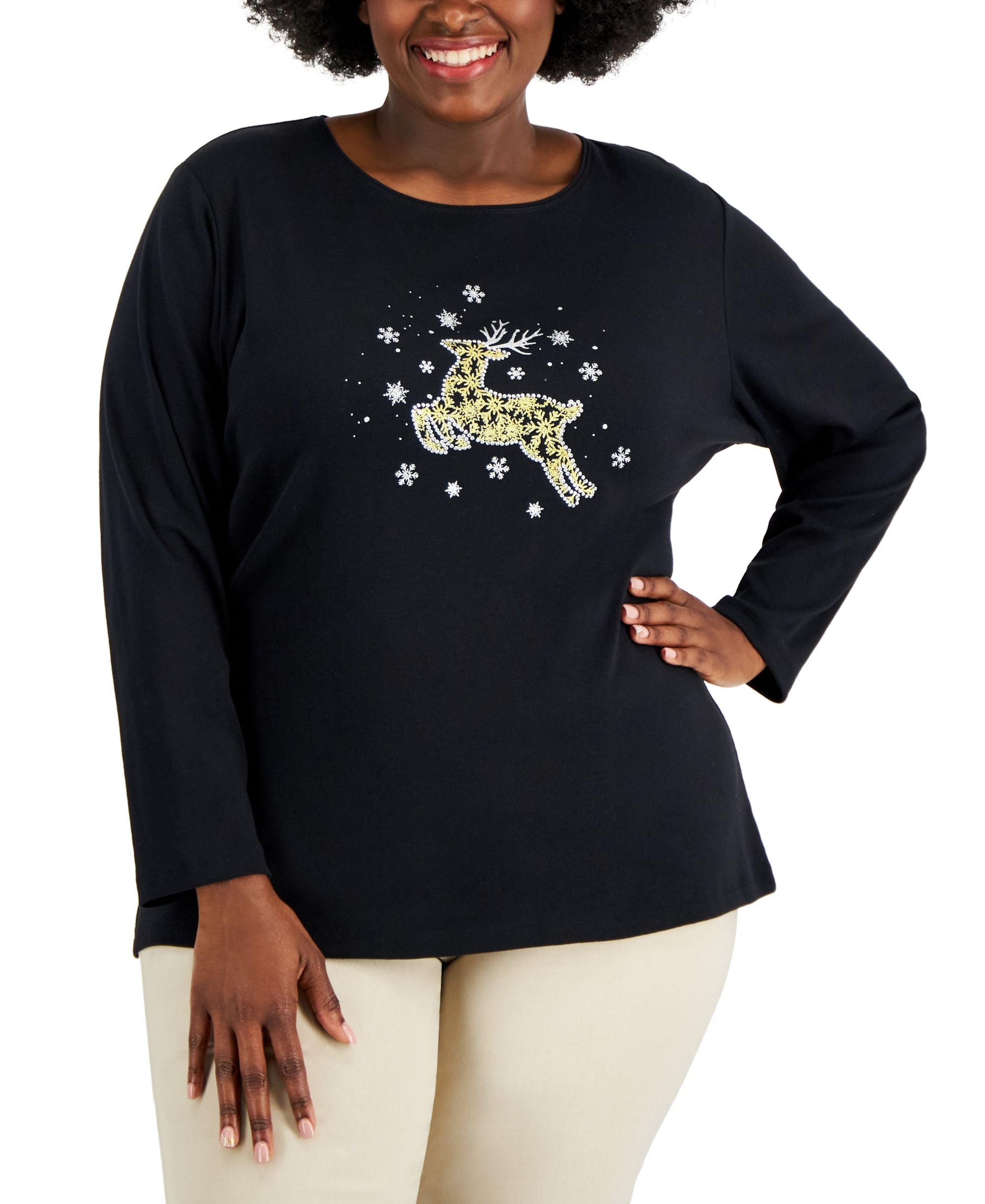 Karen Scott Plus Size Embellished Reindeer Graphic Top