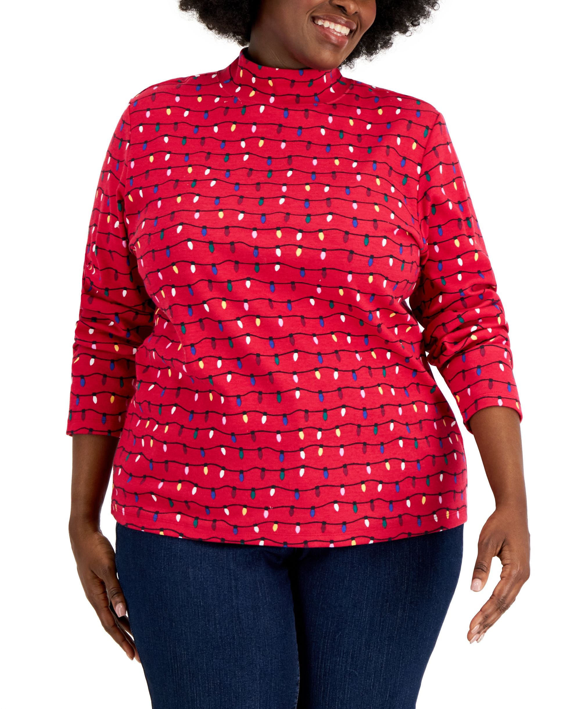 Plus Size Holiday Printed Mock-Neck Top