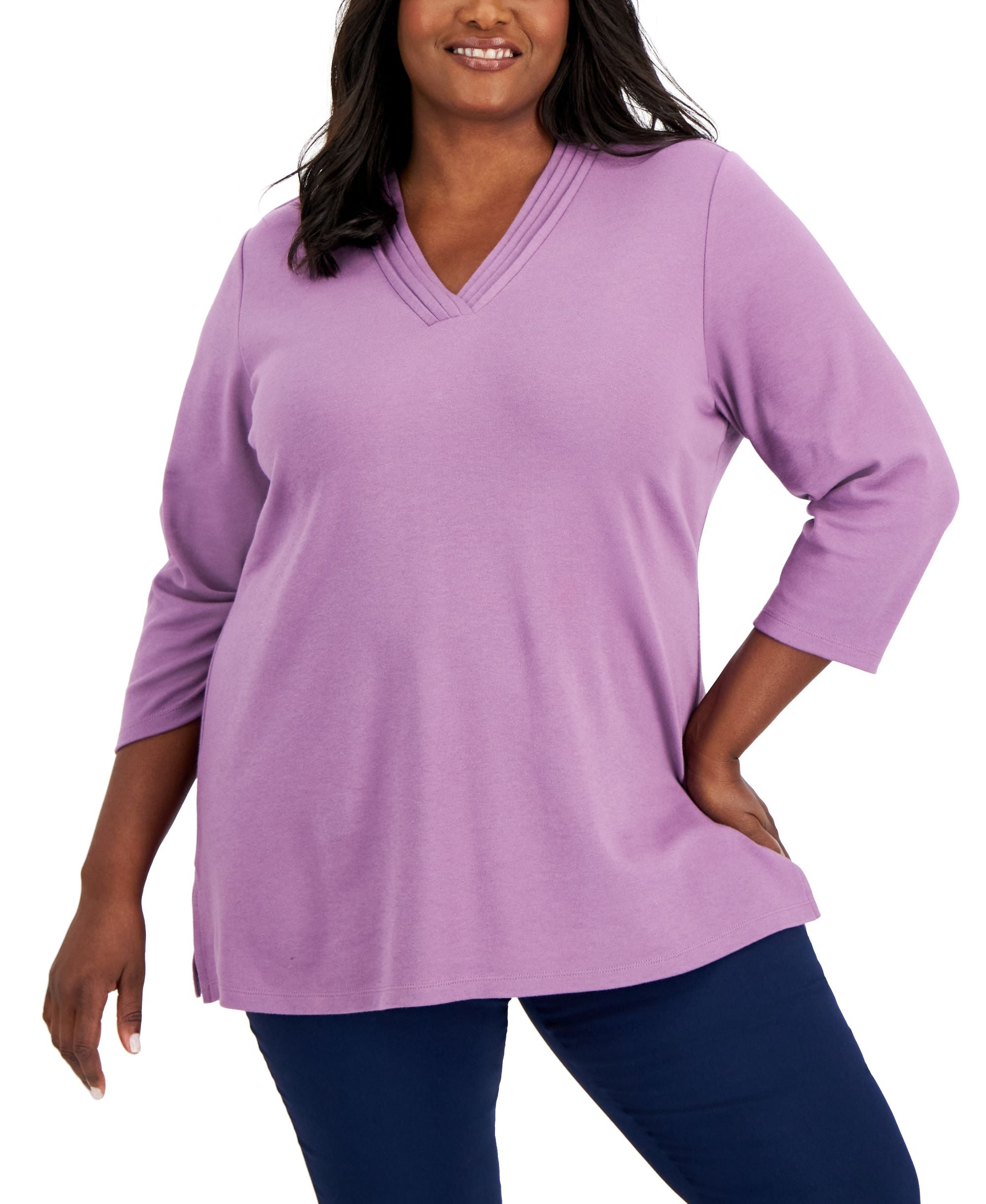 Karen Scott Plus Size Cotton Pleated Neck 3/4 Sleeve Tunic