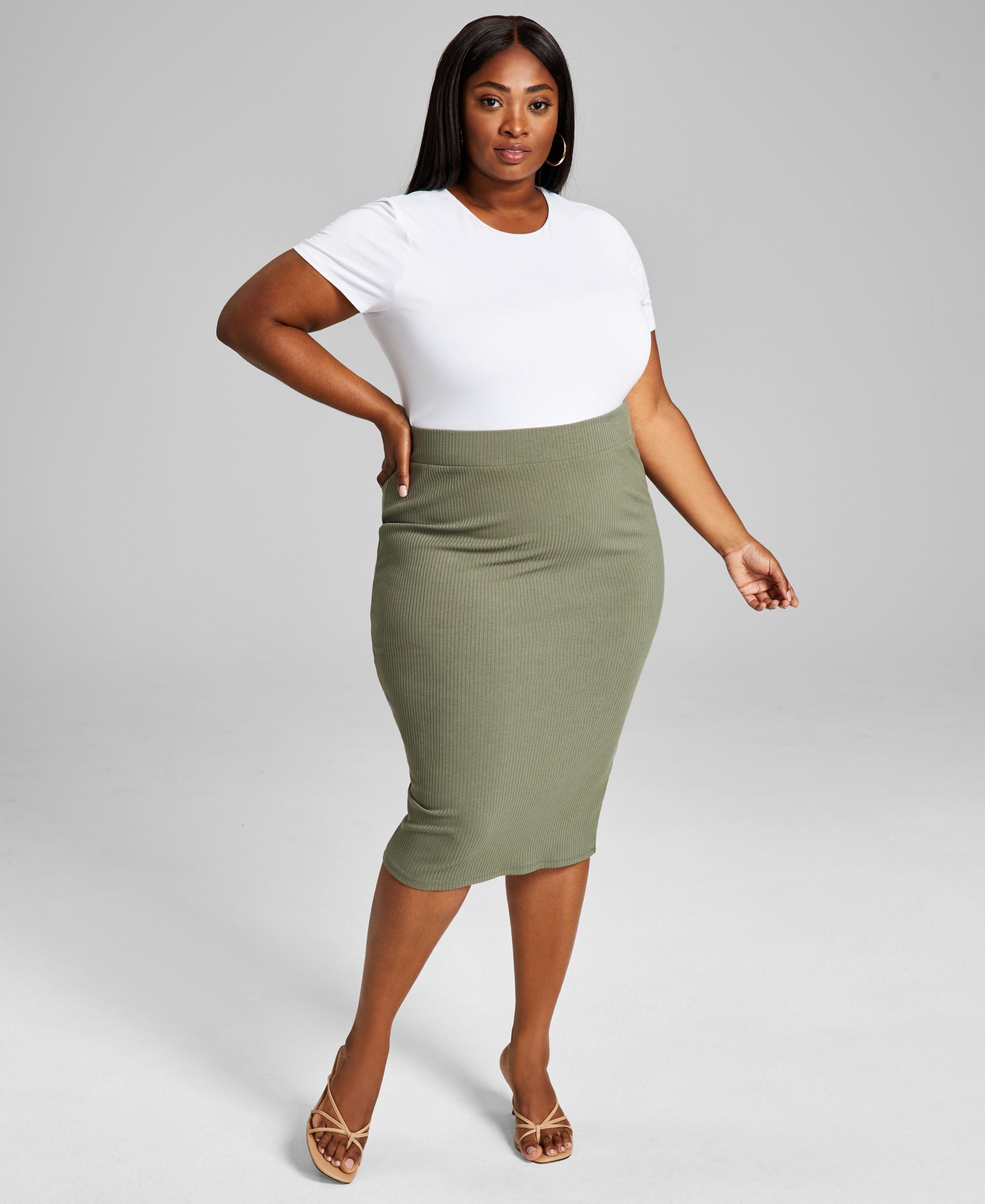 Bar III Trendy Plus Size Bodycon Ribbed Midi Skirt