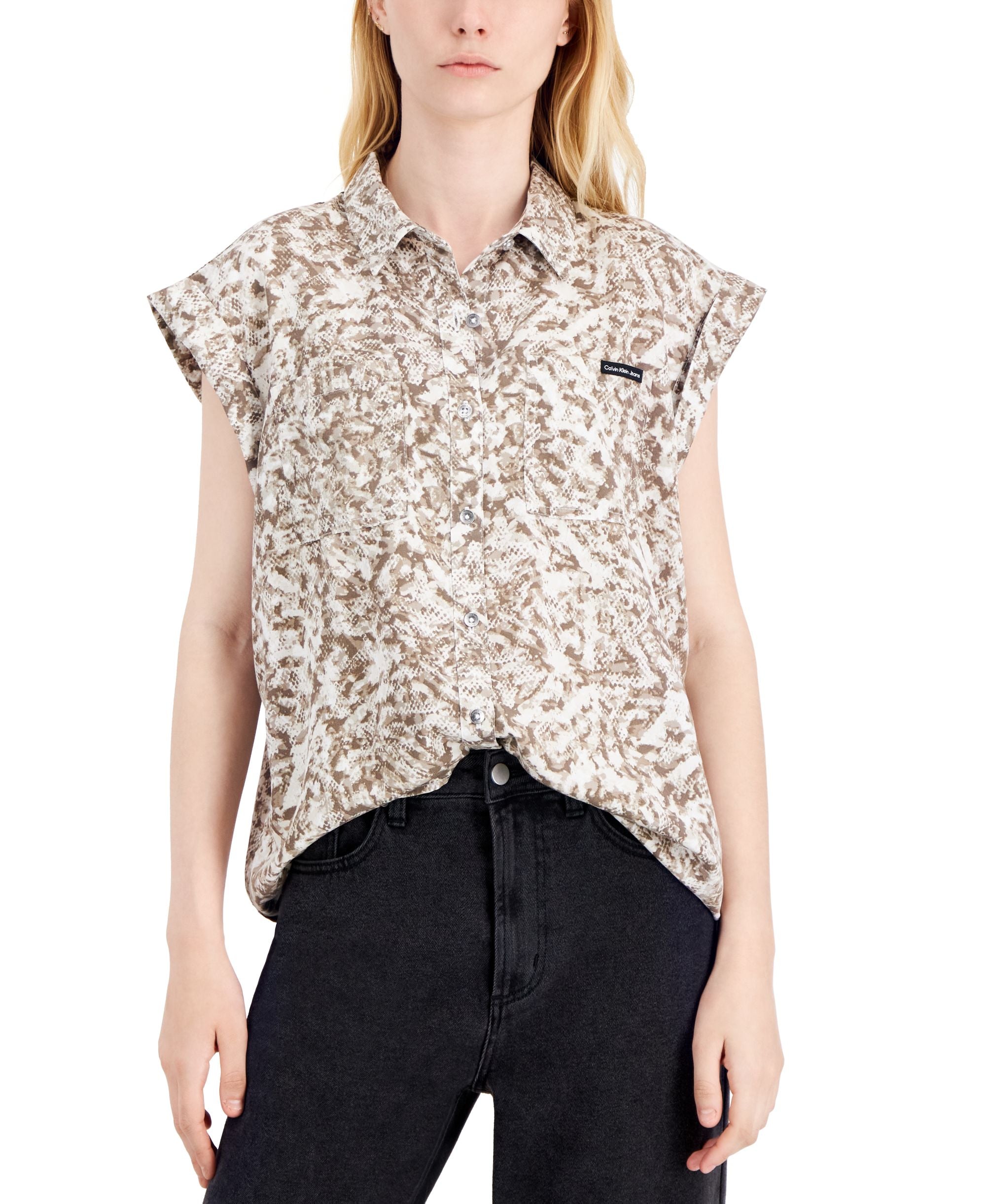 Calvin Klein Jeans Petite Printed Cuffed Button Front Top