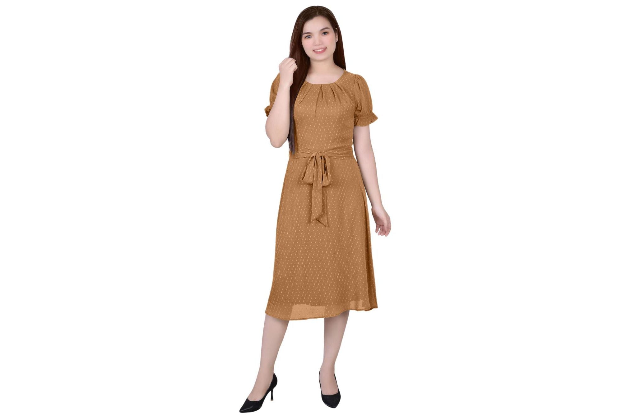 Petite Short Sleeve Belted Swiss Dot Dress