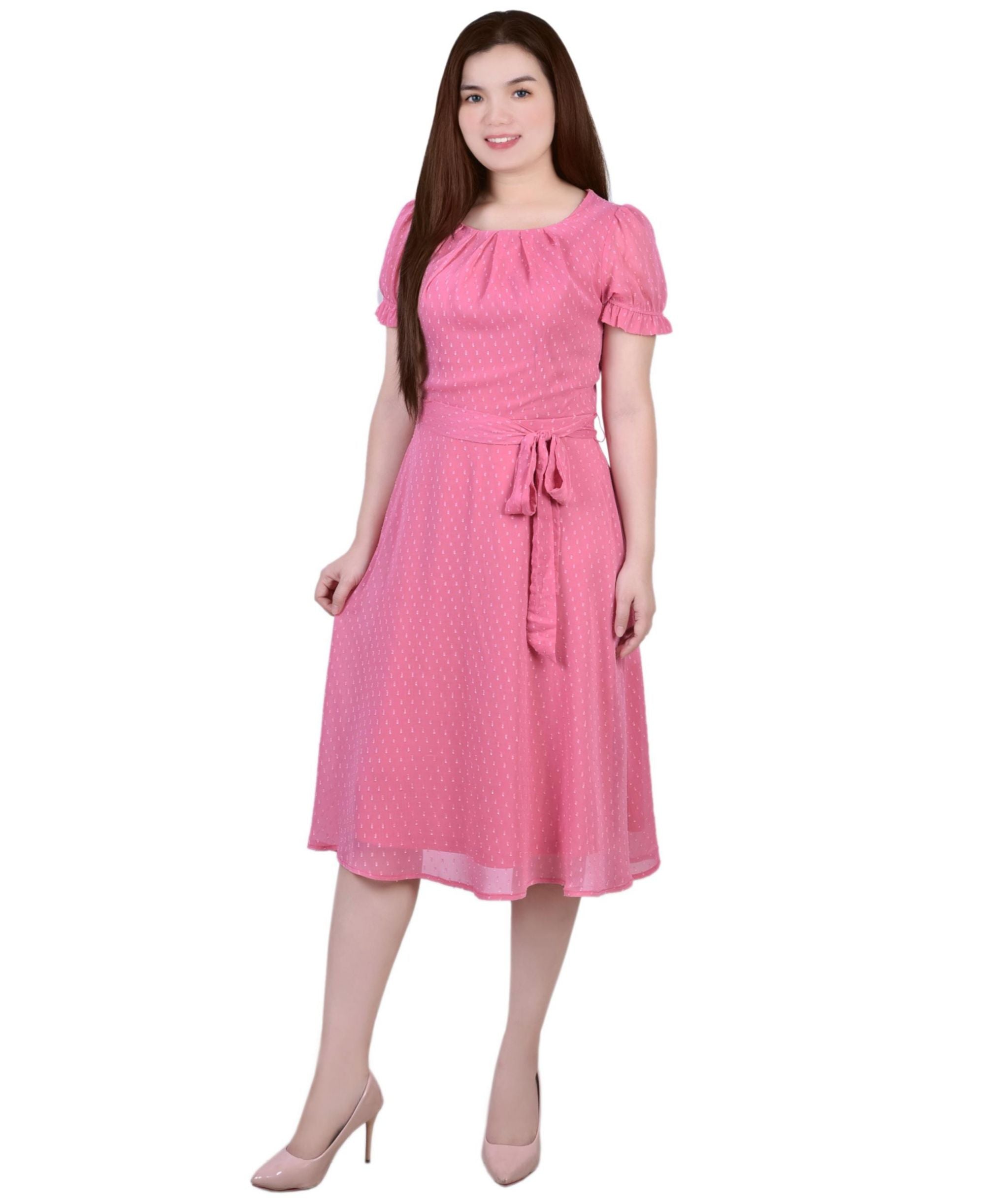 Petite Short Sleeve Belted Swiss Dot Dress