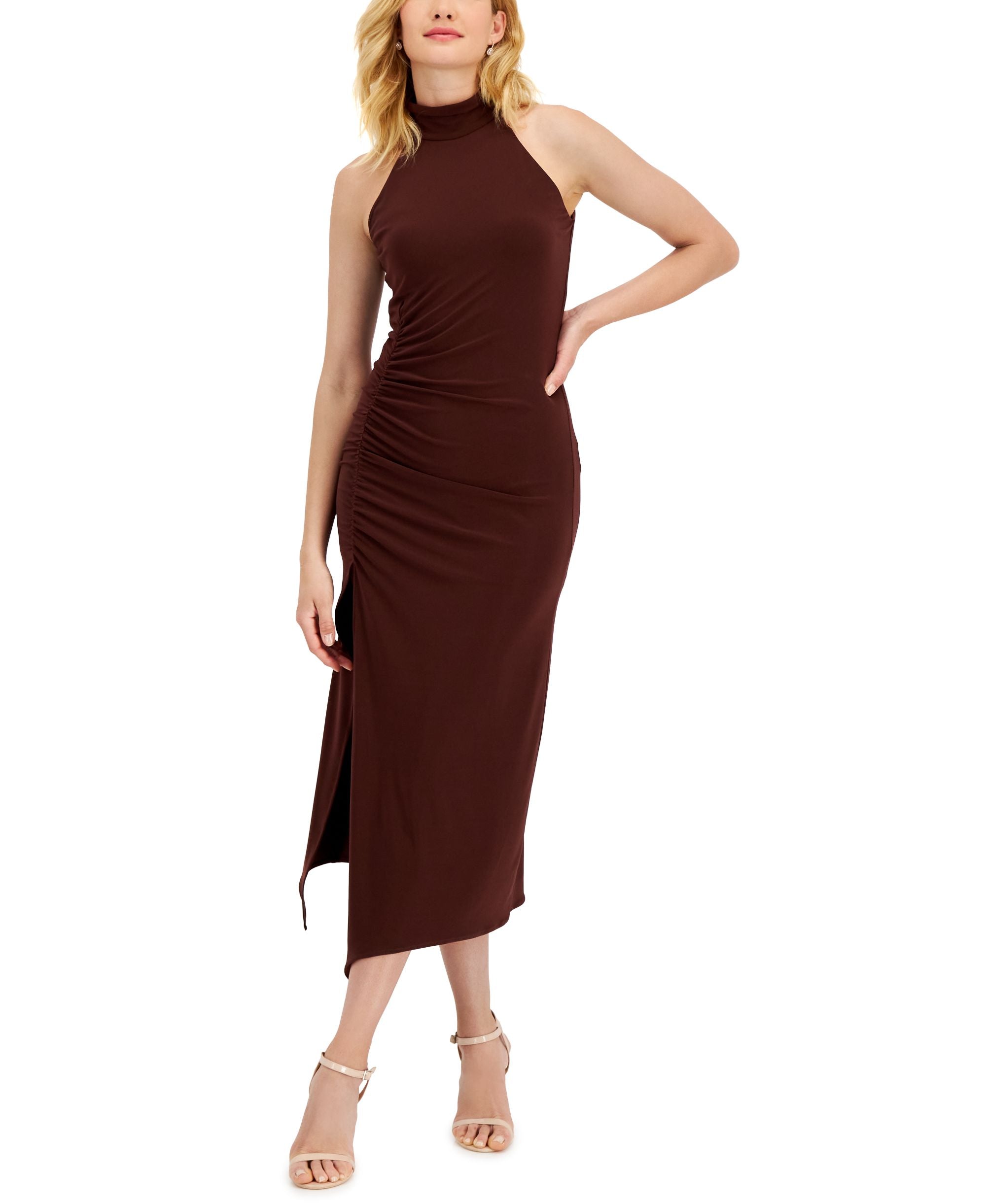 Taylor Mock Neck Shirred Asymmetrical Hem Midi Dress
