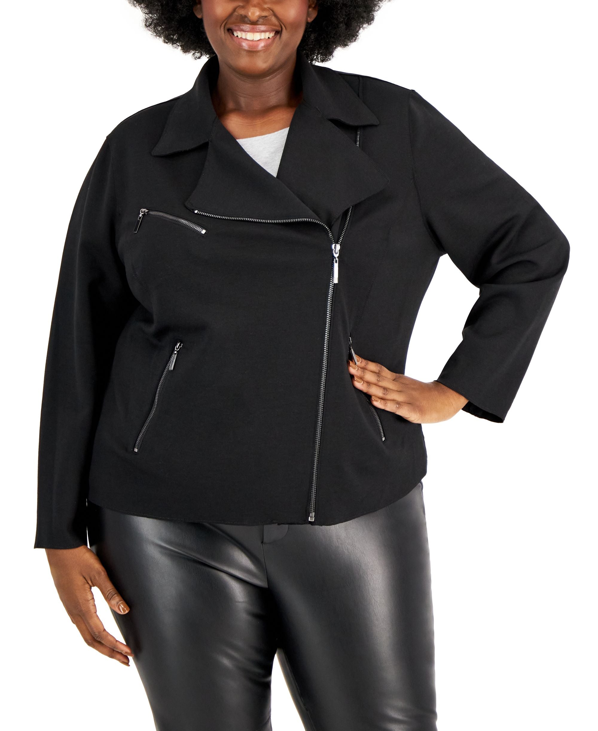 Plus Size Zip-Front Scuba Crepe Moto-Style Jacket