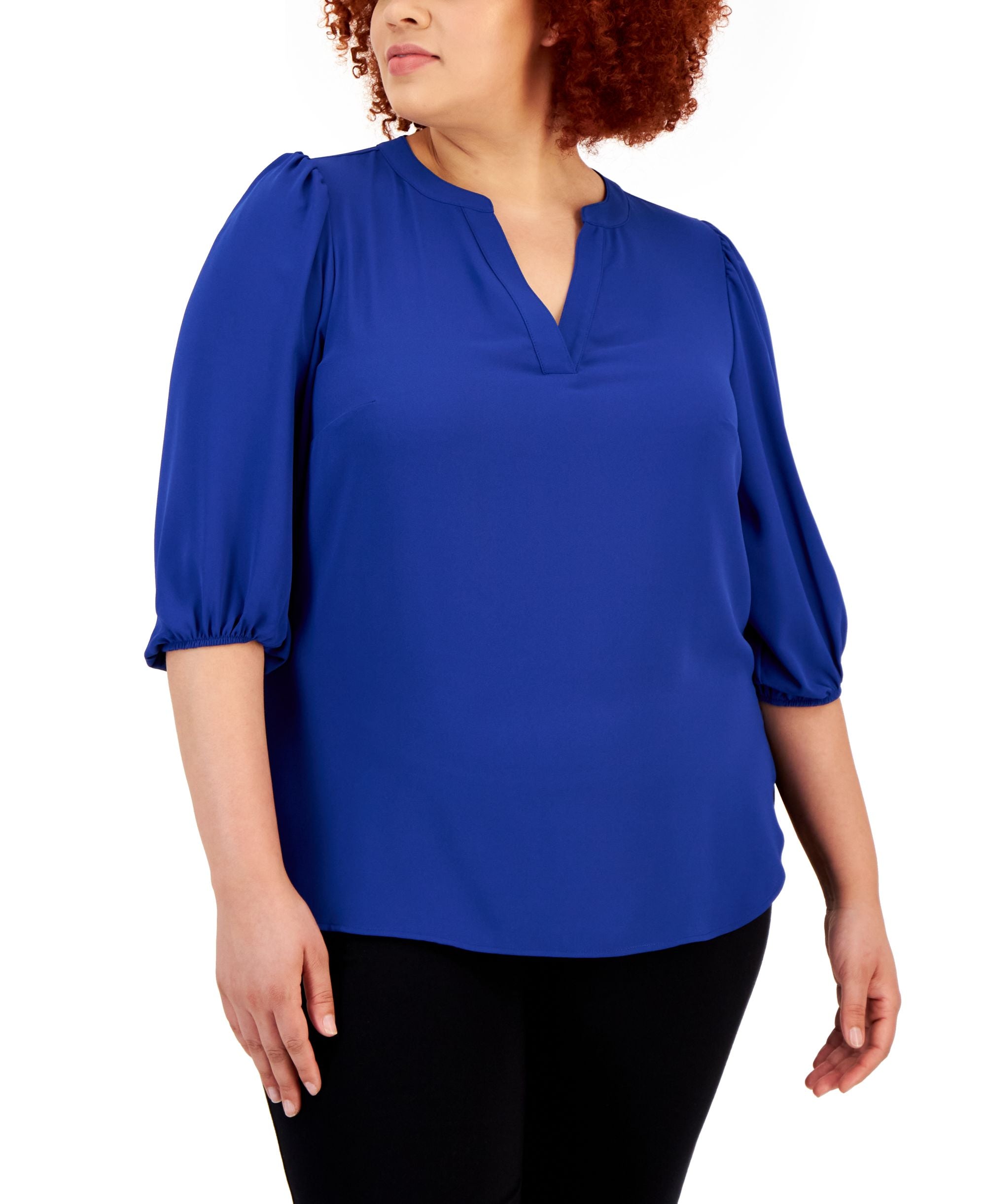 Plus Size Split-Neck Puff-Sleeve Top