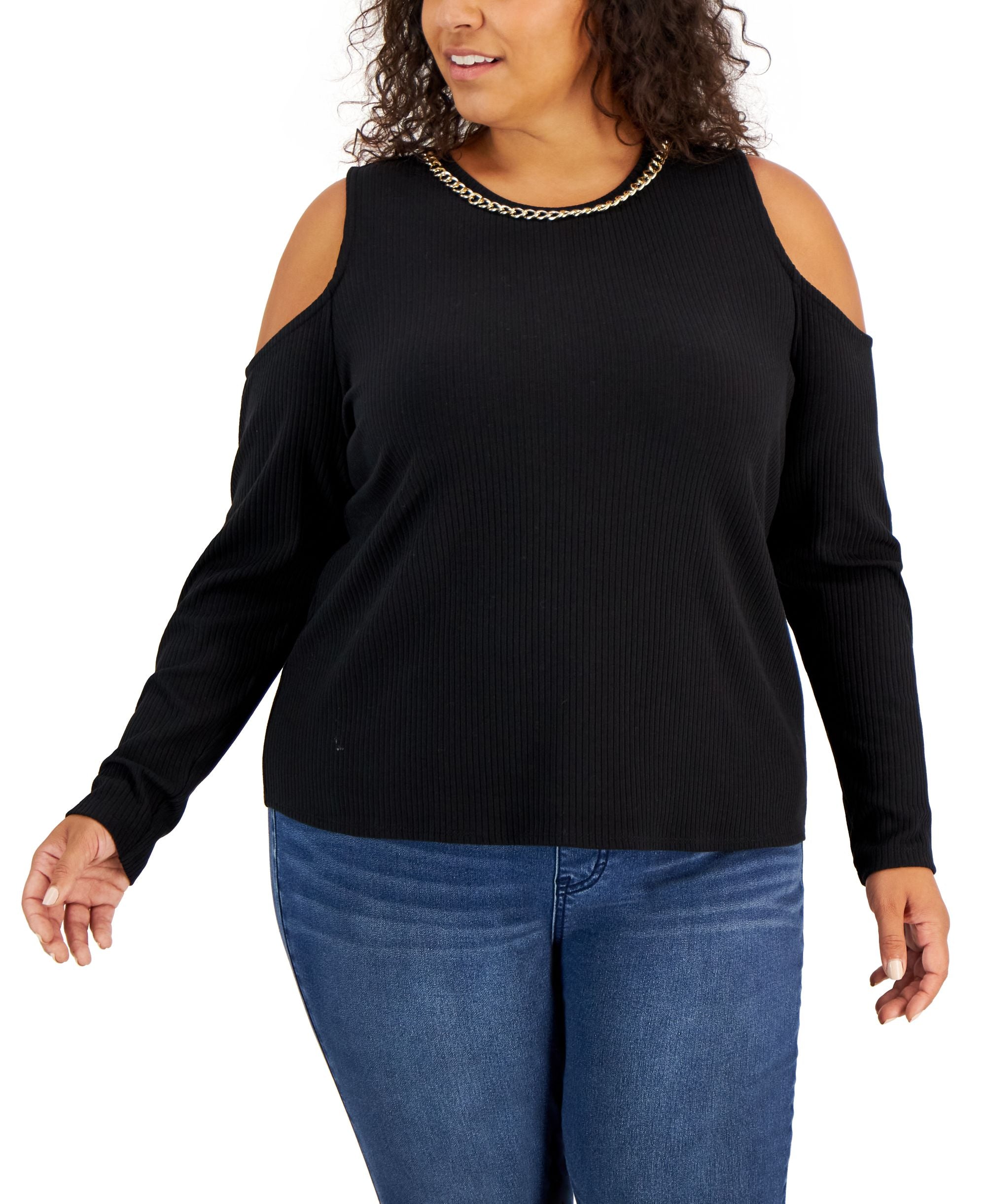 INC International Concepts Plus Size Ribbed Chain Trim Cold Shoulder Top